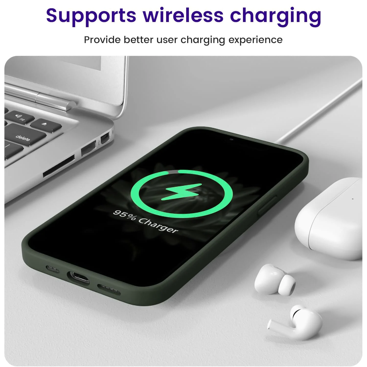 DL3 Mobilak Liquid Silicone Case for iPhone 15, Supports wireless charging, Shock-absorbing protection, Anti-fingerprint finish - Lavender Green