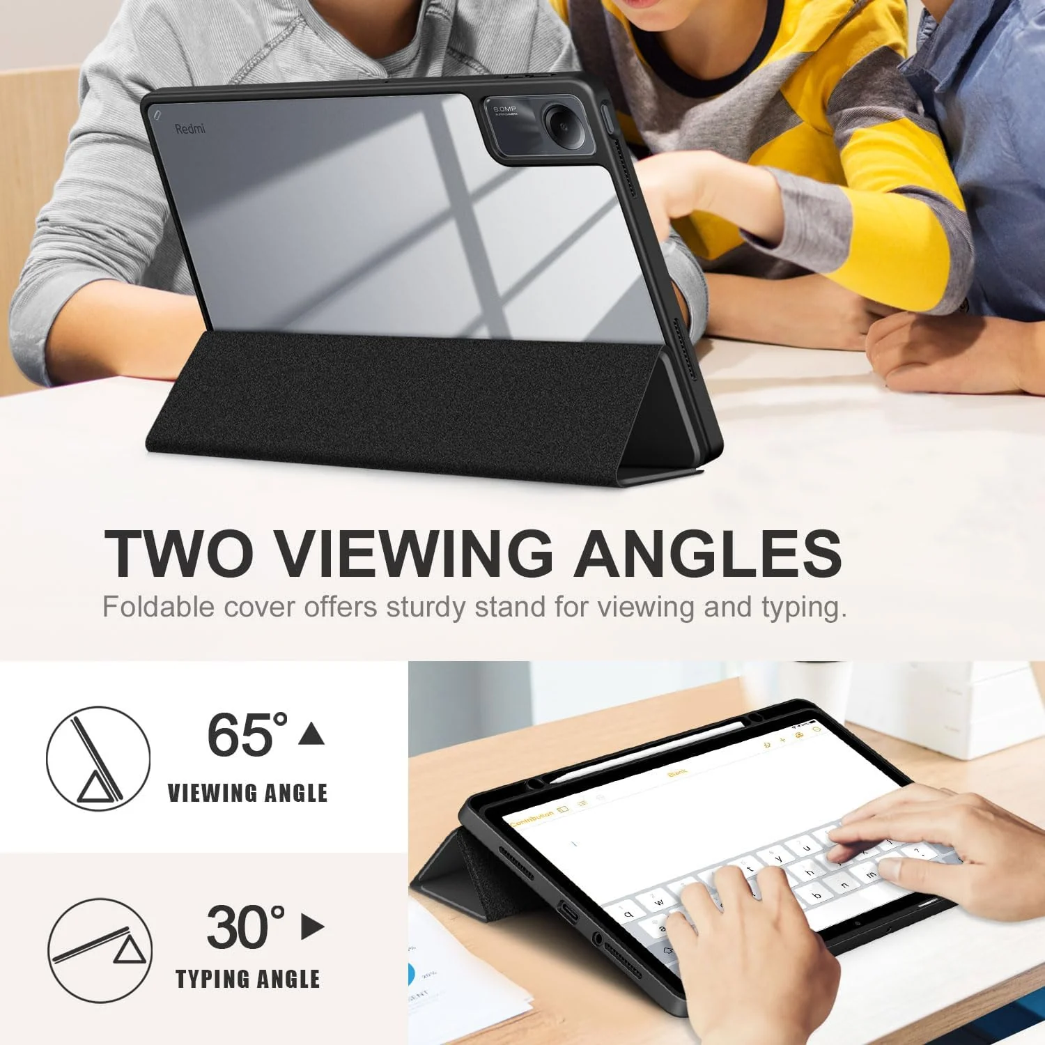 DL3 Mobilak Xiaomi Redmi Pad SE 11 inch Tablet 2023 Case with Pen Holder, Soft TPU Back Trifold Stand Protective Smart Cover Flip, Auto Wake & Sleep - Black