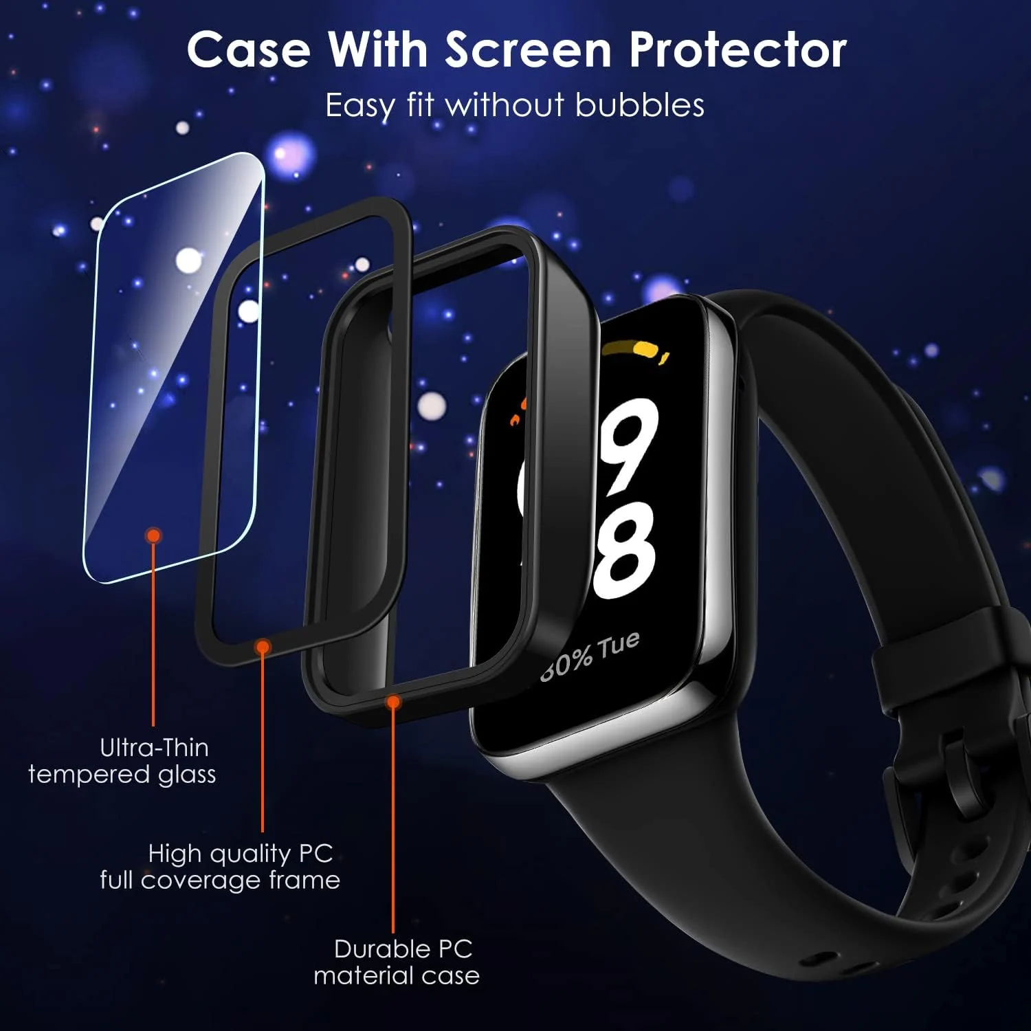 DL3 Mobilak Case Compatible with Xiaomi Redmi Band 2/ Xiaomi Smart Band 8 Active, Full Coverage Slim Hard PC Case Protective Bumper Built-in Tempered Glass Screen Protector Shell - Black