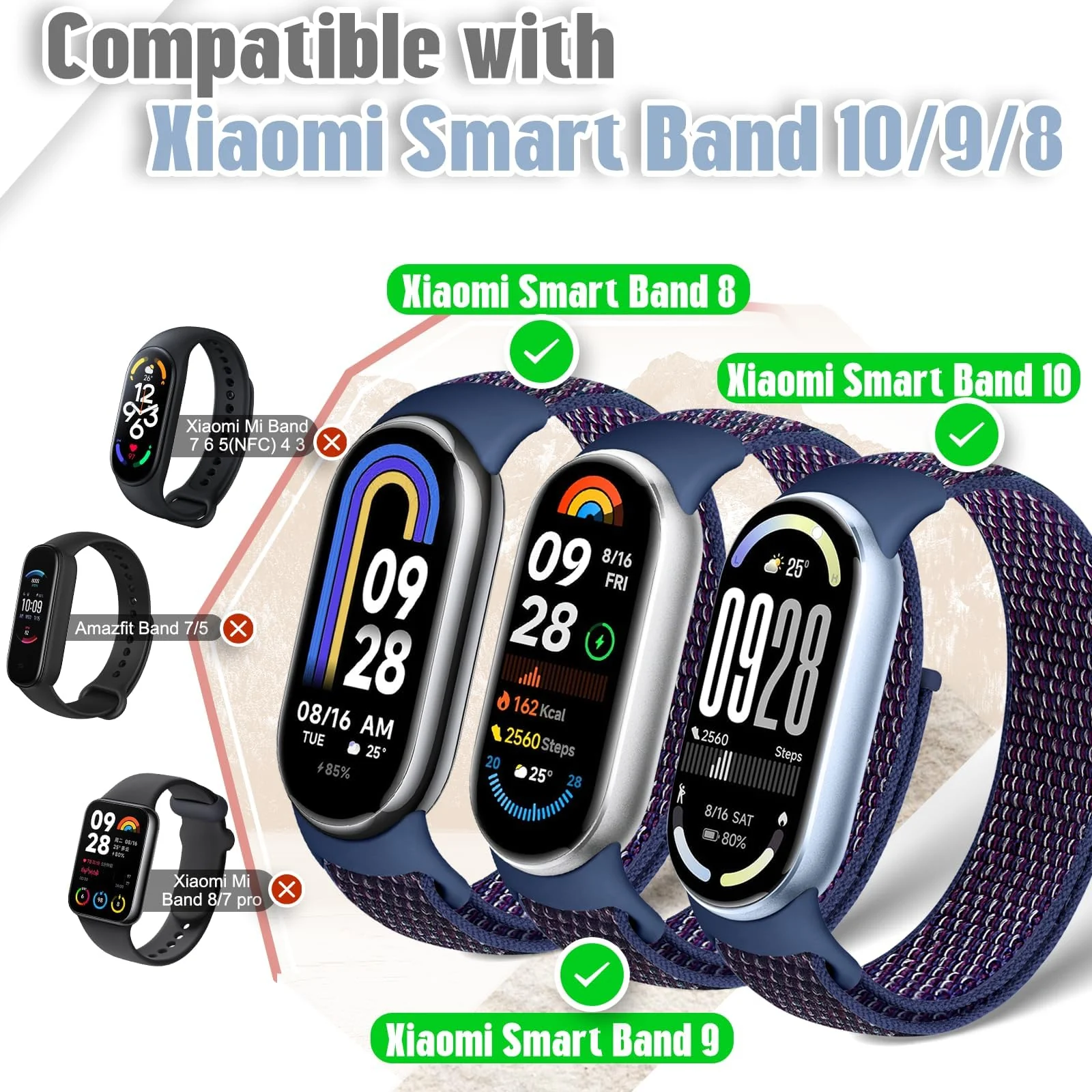 DL3 Mobilak Nylon Sport Band Compatible with Xiaomi Mi Band 10/9/8 for Women Men, Soft Adjustable Breathable Sport Loop Watch Strap Replacement Wristband for Xiaomi Smart Band 8/9/10 - Indigo