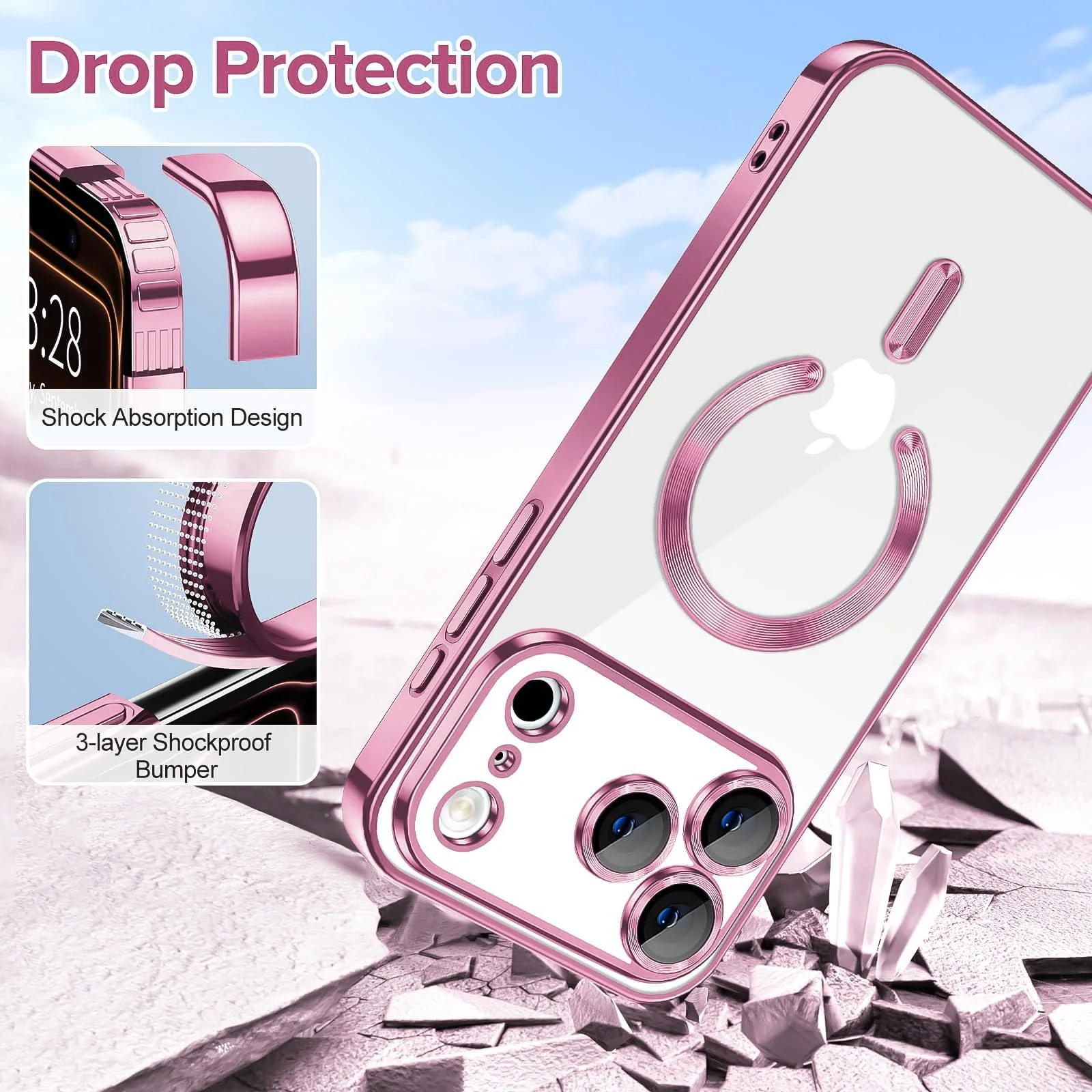 DL3 Mobilak Clear MagSafe-Compatible Magnetic Case for iPhone 17 Pro Max with Camera Protection and Magnetic Car-Mount Support - Pink