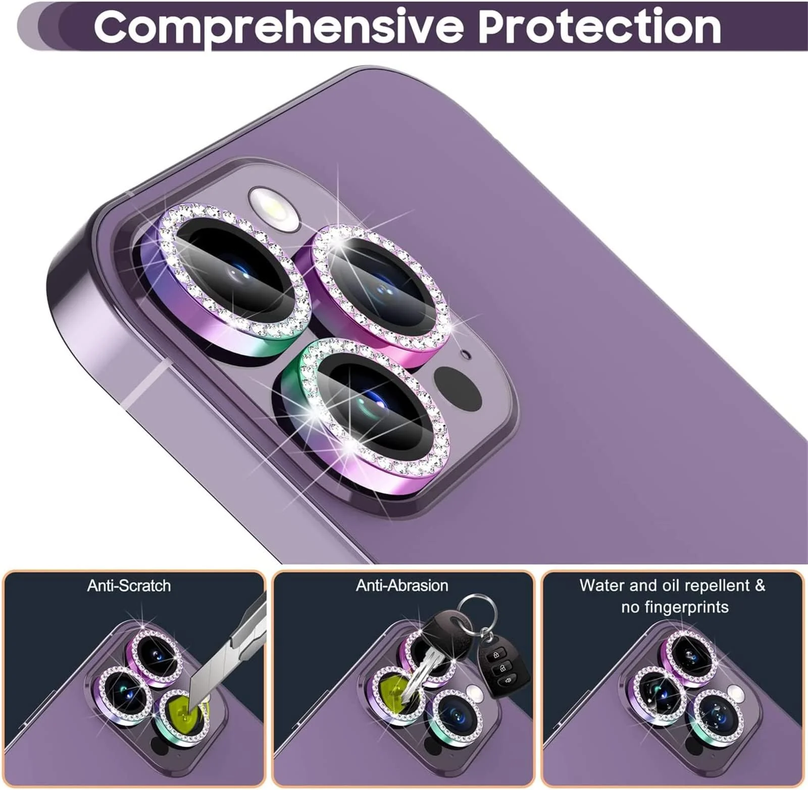 DL3 Mobilak Camera Lens Protector For iPhone 15 Pro/iPhone 15 Pro Max, [Keep Original Shooting] Tempered Glass Screen Protector Metal Individual Camera Cover, Case Friendly - Diamond Colorful