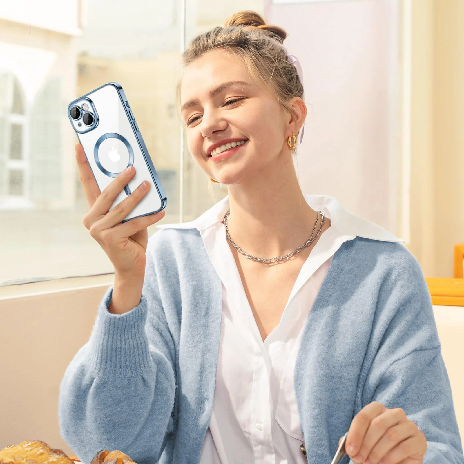 DL3 Mobilak Plated-Edge Protective Case for iPhone 13 (6.1 Inch) Compatible with, Compatible with MagSafe accessories, Supports wireless charging, Camera protection - A.Sierra Blue