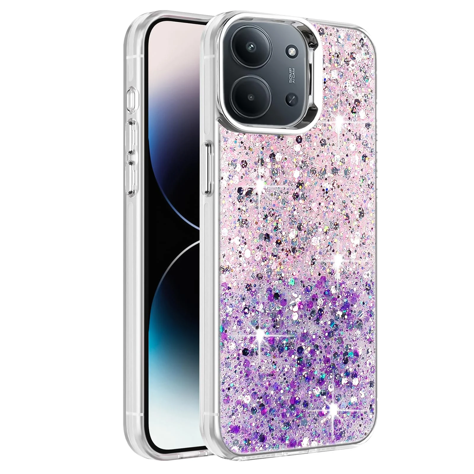 Dl3 Mobilak Compatible with Xiaomi Redmi 15C 4G/5G Case, Clear Glitter Bling Sparkly, Soft TPU Frame Bumper, Hard-Back Cover for Women & Girls, Transparent Protective Phone Case (Green Purple)