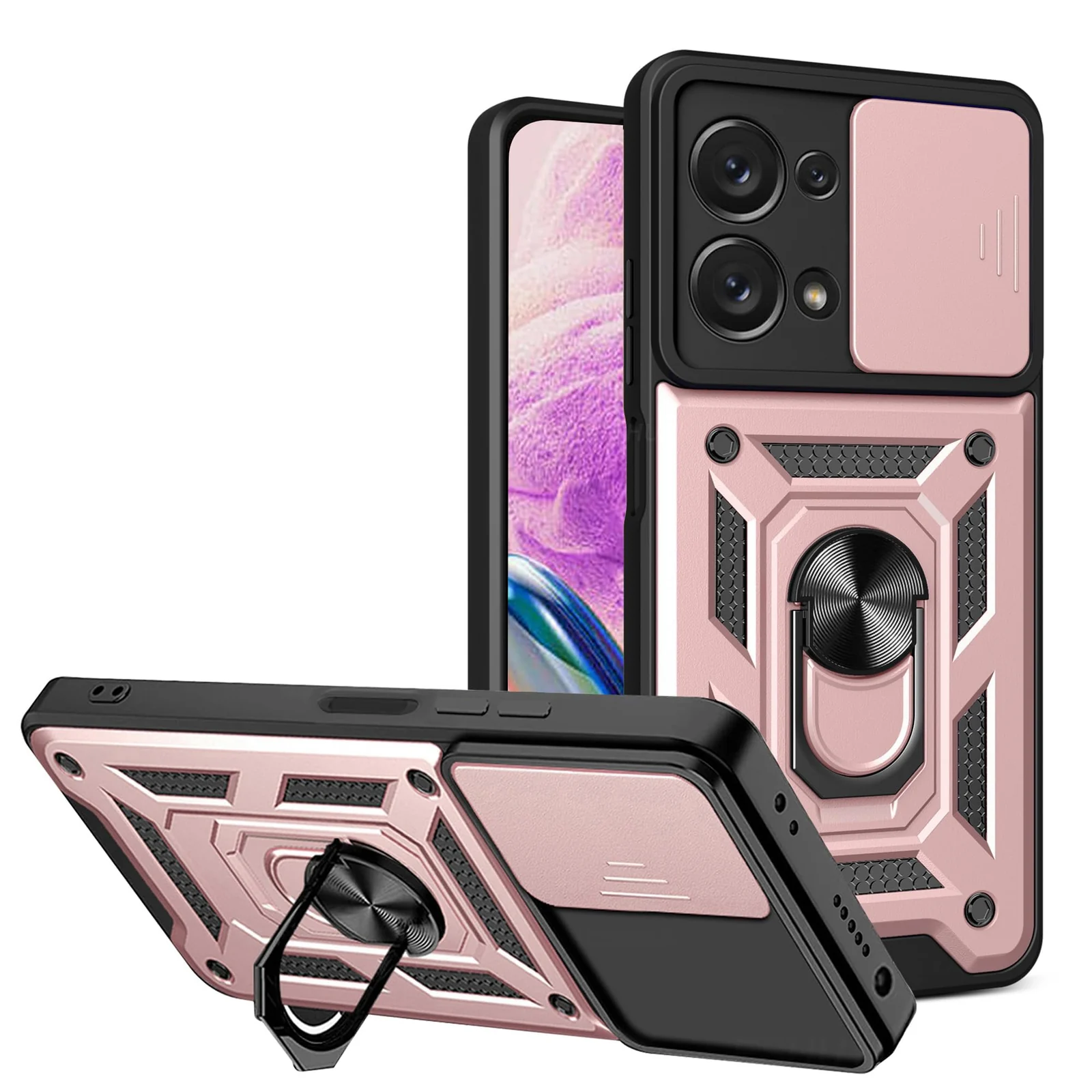 DL3 Mobilak Protective Case with Sliding Camera Cover, Metal Ring Kickstand and Magnetic Car-Mount Support for OPPO Reno 8 Pro 5G / Reno 8 Pro+ Plus - Rose Gold