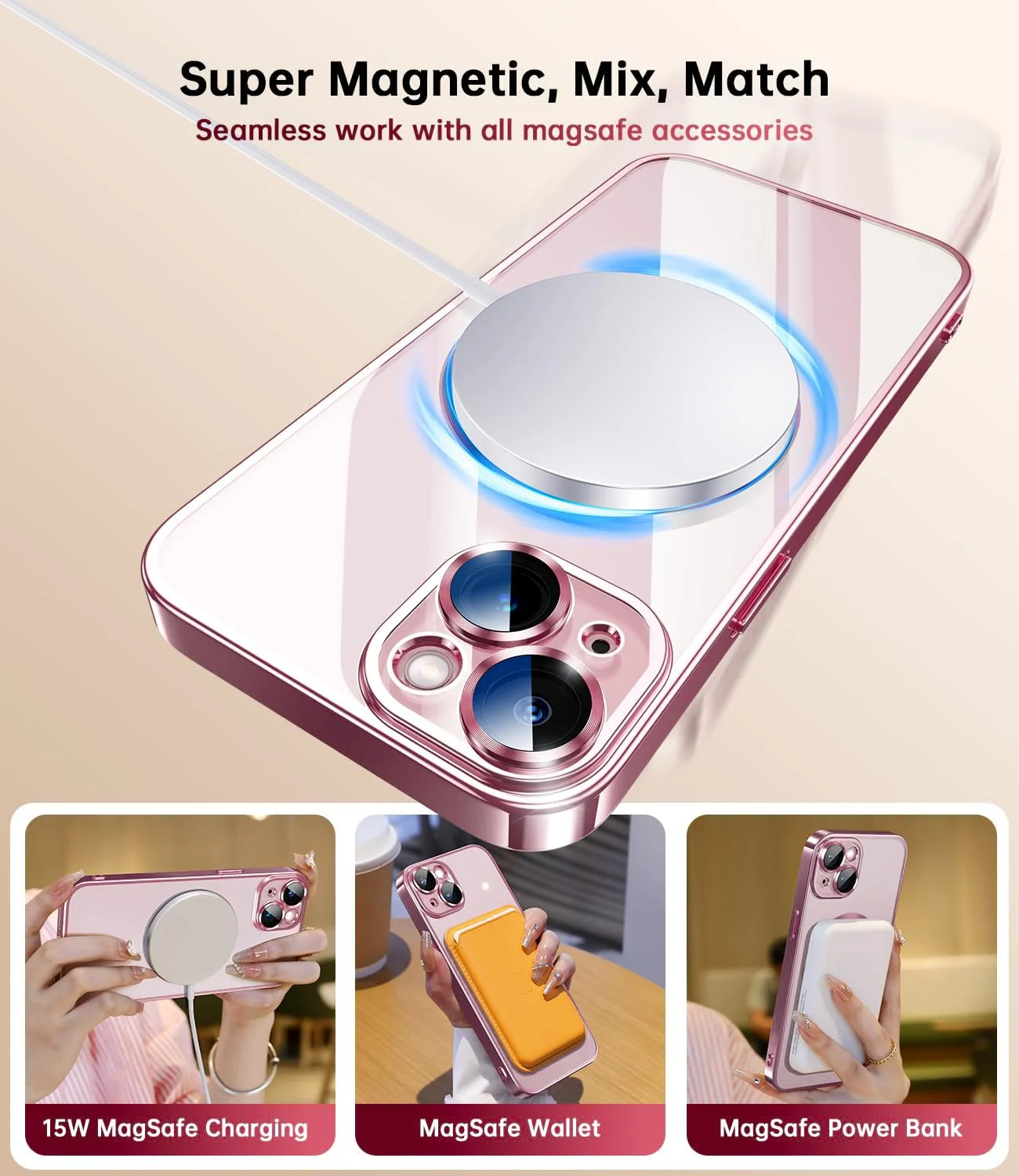 DL3 MOBILAK MagSafe Phone Case with Camera Lens Protector for Apple iPhone 13, Rose Gold