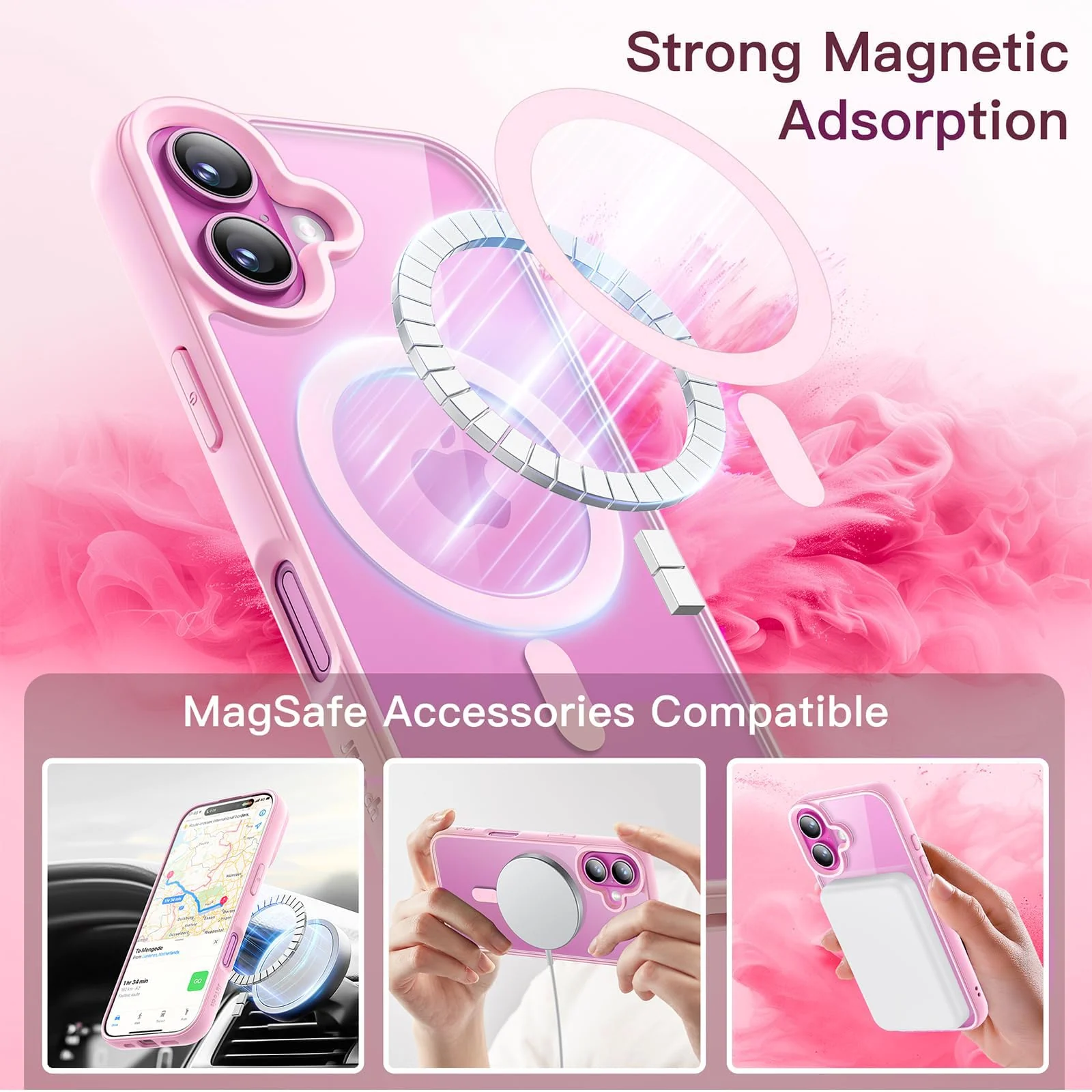 DL3 Mobilak Clear MagSafe-Compatible Magnetic Case for iPhone 16 Plus with Military-Grade Protection - Pink