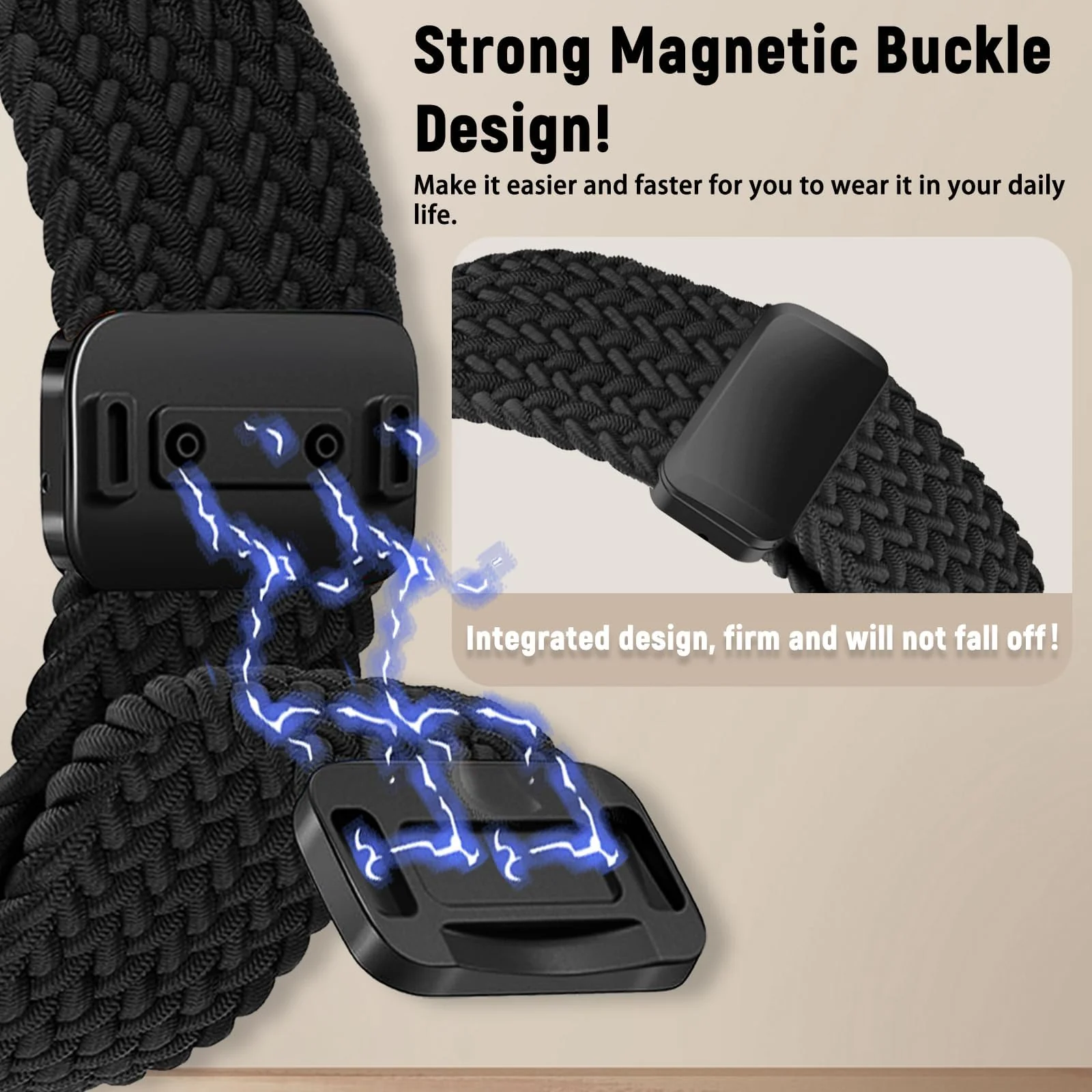 DL3 Mobilak Braided Bracelet Compatible with Redmi Watch 4/5 / 6 / Xiaomi Smart Band 8 Pro/Band 9 Pro, Nylon Magnetic Fabric Elastic Sport Nylon Replacement Strap for Men Women - Black