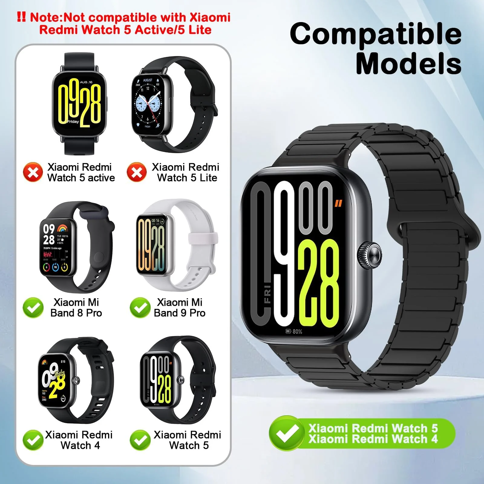 DL3 MOBILAK Magnetic Silicone Sport Watch Strap for Xiaomi Redmi Watch 4 / 5 / 6 / Smart Band 8 Pro / Band 9 Pro, Starlight / Gray