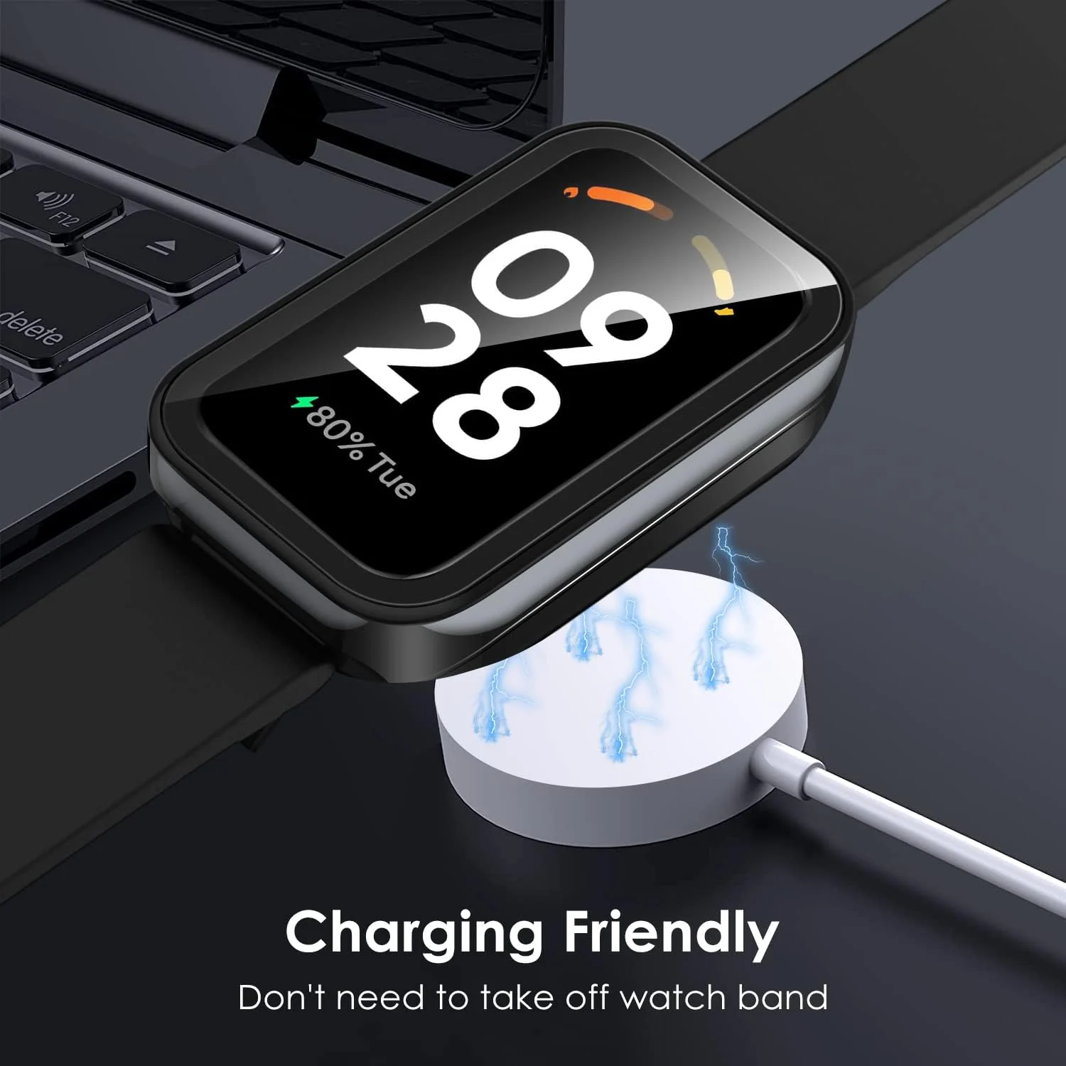 DL3 Mobilak Case Compatible with Xiaomi Redmi Band 2/ Xiaomi Smart Band 8 Active, Full Coverage Slim Hard PC Case Protective Bumper Built-in Tempered Glass Screen Protector Shell - Black