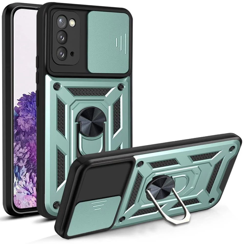 "DL3 Mobilak Case for Samsung Galaxy Note 20 5G (6.7"") with Slide Camera Cover, Military Grade Shockproof Protective Cover with Rotatable Metal Ring Kickstand [Support Magnetic Car Mount] - Green"