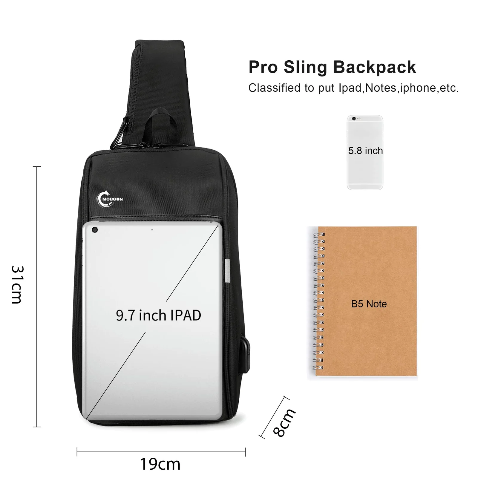 Mobigon Mini Sling Bag Hiking Daypack for Men with USB Port, Fits 9.7” iPad, Waterproof Little Crossbody Travel Shoulder Bag, Small Anti-Theft Backpack for Camping, Traveling, Commuting - Black
