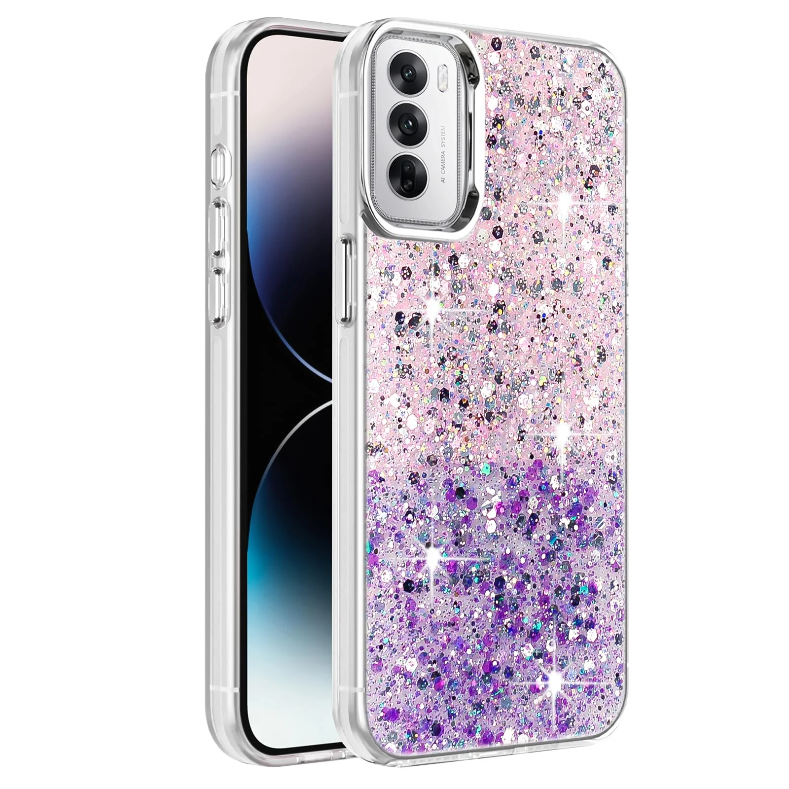 DL3 Mobilak Glitter Protective Case for OPPO Reno 12 5G, Supports wireless charging, Camera protection, Shock-absorbing protection - Pink Purple