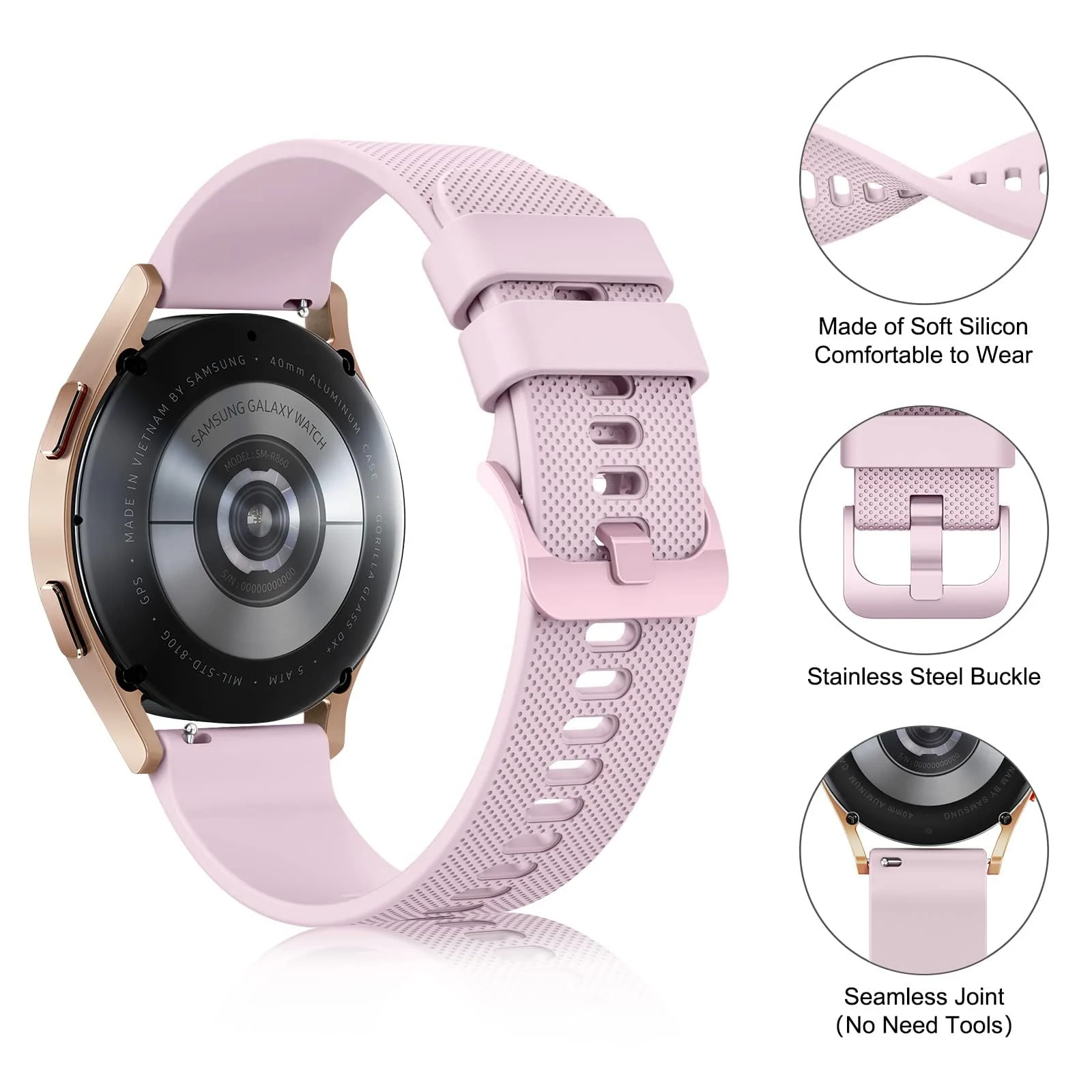 DL3 Mobilak Strap Silicone Buckle 20MM Band For Samsung Gear Sport/Watch 7/6/5/4/5 Pro 45mm/S2 classic/active 2 40mm 44mm/Amazfit GTS 2/2e/GTS 3/3 Pro/GTS 4/GTS 2 Mini/3 Mini/4 Mini/Bip 3/Bip 3 Pro - Rose Pink