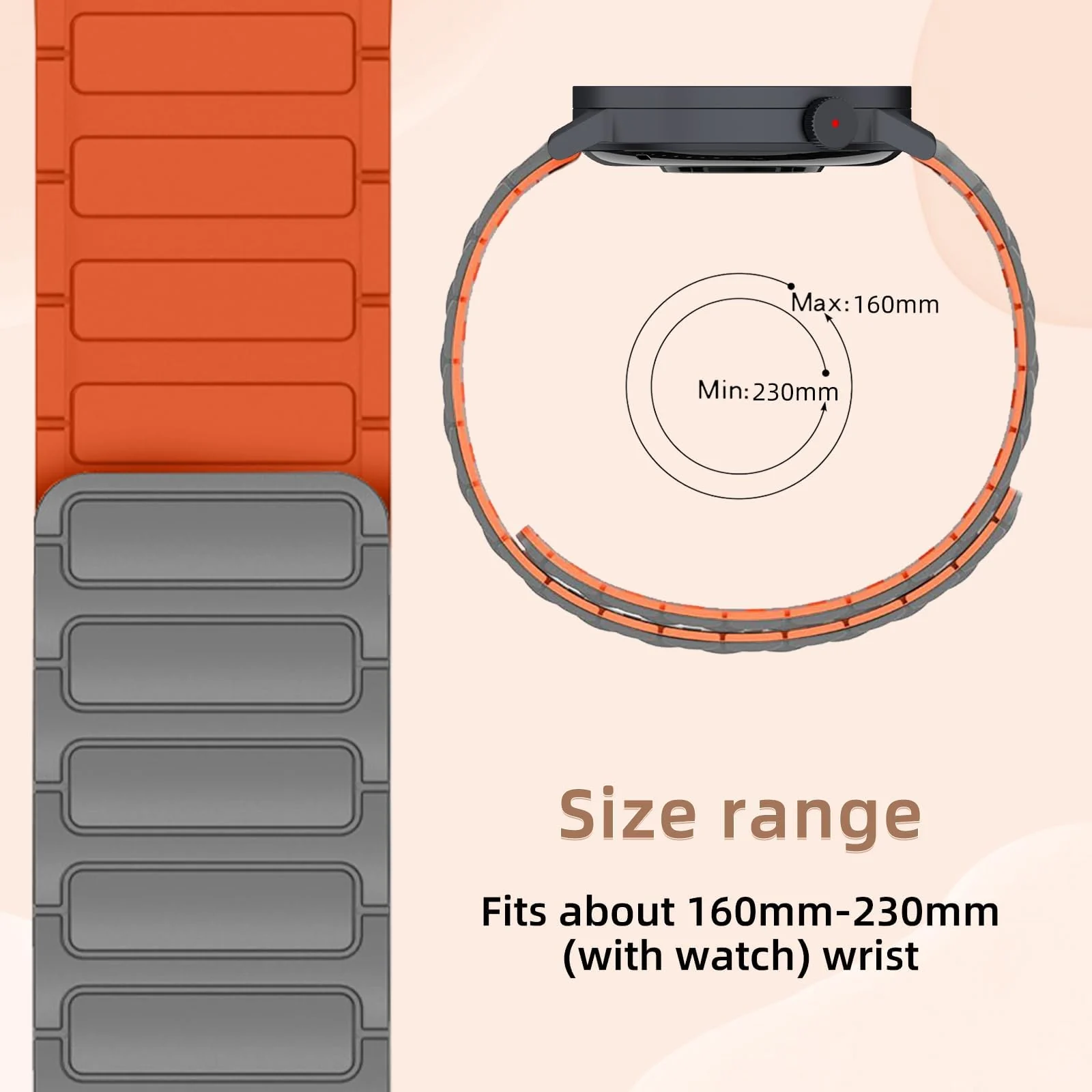 DL3 Mobilak 18mm Silicone Magnetic Strap for Huawei Watch GT 6 41mm/Watch5 42mm/GT 5 Pro 42 mm/GT 5 41mm/GT4 41 mm, Magnetic Replacement Band for Garmin Venu 3S/Fossil Women's Gen 6 - Gray Orange