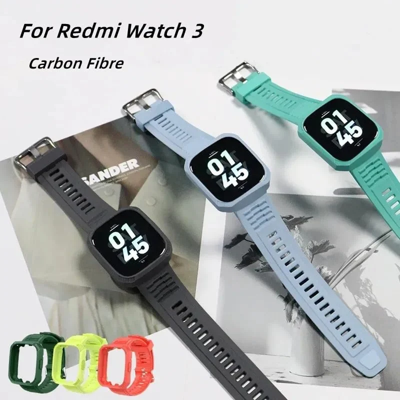 DL3 Mobilak Silicone Strap Carbon Fibre With Case Cover for Xiaomi Redmi Watch 3 Integrated strap Wristband Bracelet Metal Buckle correa Smartwatch Accessories For Redmi Watch3 - Sky Blue