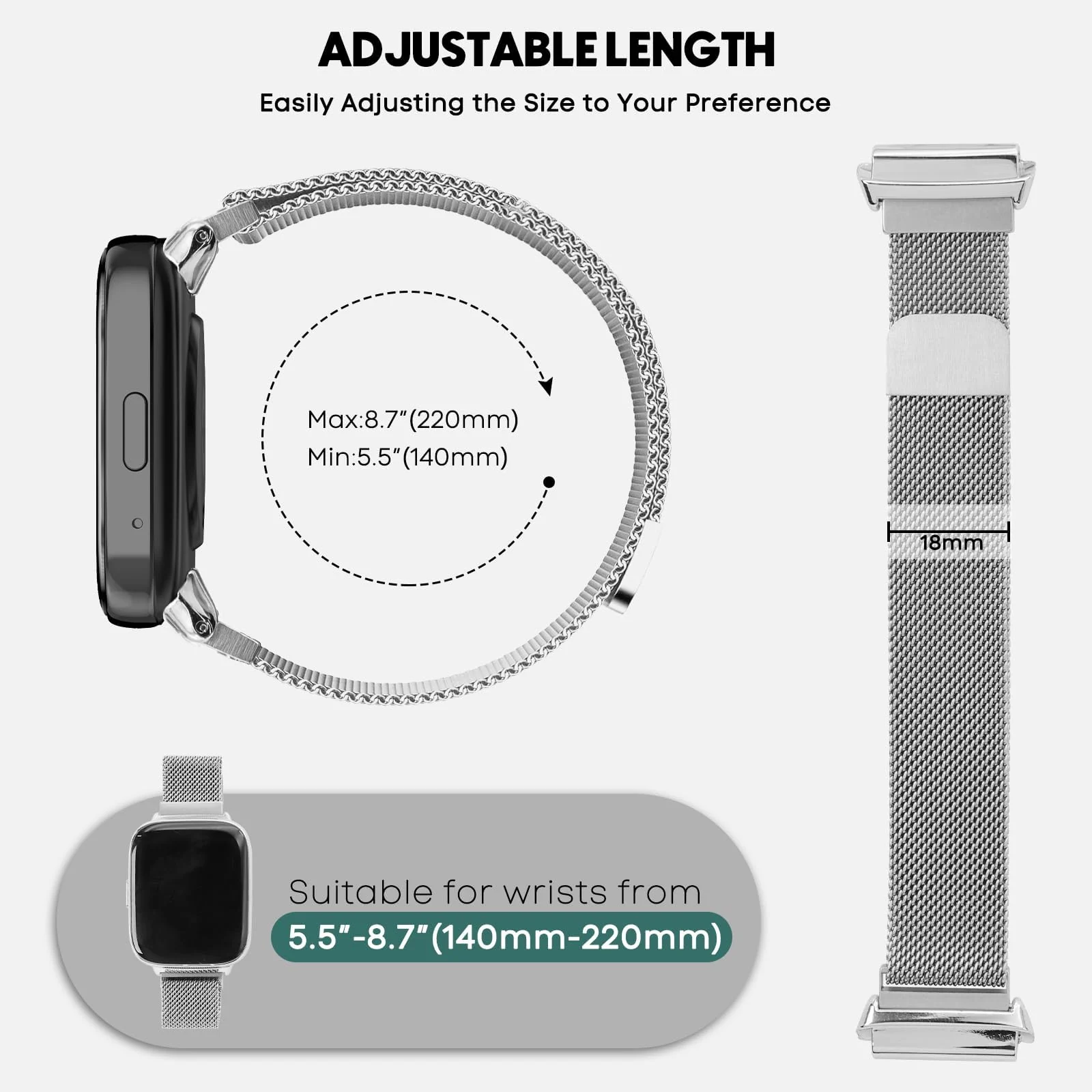 DL3 Mobilak Bracelet Compatible with Xiaomi Redmi Watch 3 Active/Redmi Watch 3 Lite, Stainless Steel Replacement Strap, Mesh Metal Watch Strap, Magnetic Adjustable Replacement Band For Men Women - Silver