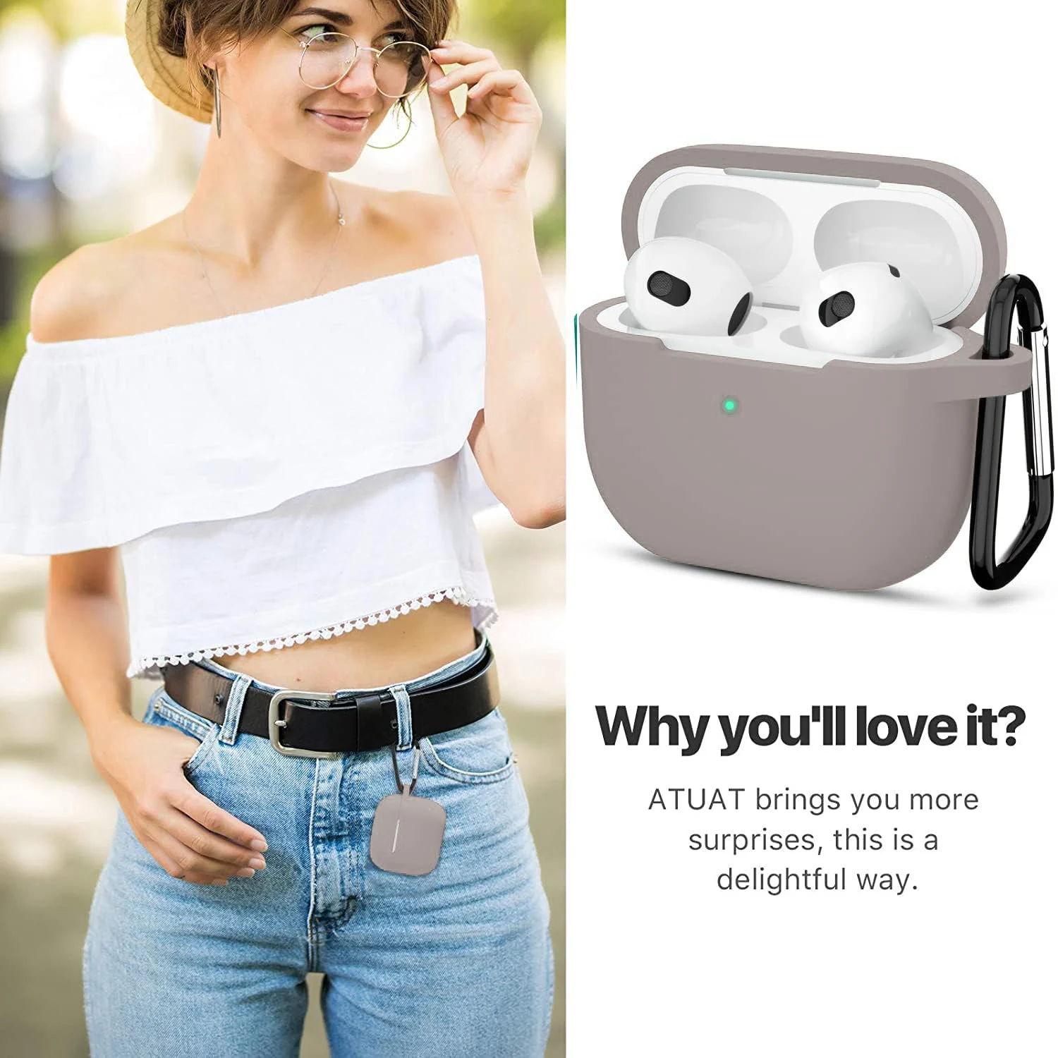 DL3 Mobilak AirPods 3 Case Cover, Silicone Protective Accessories Skin with Keychain Compatible with Apple AirPod 3rd Generation 2021 for Women Girl, Front LED Visible - Stone