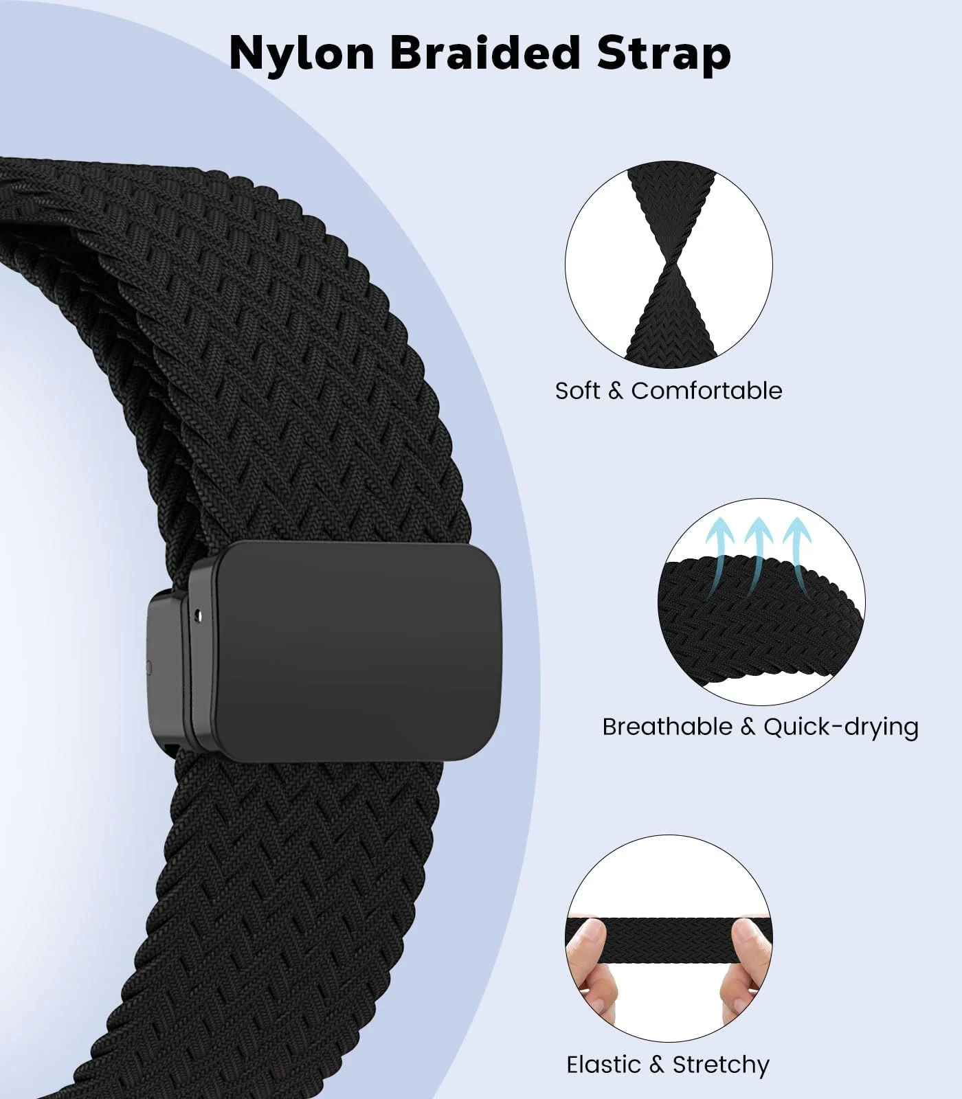 DL3 Mobilak 22mm Magnetic Band for Redmi Watch 5 Active/5 Lite/Samsung Galaxy Watch 3 45mm/Watch 46mm/Gear S3/Huawei watch GT6 GT5 46MM/GT2E/GT6 Pro/GT 5 Pro/Amazfit GTR 4/3, Stretchy Braided Nylon Sport Strap - Black