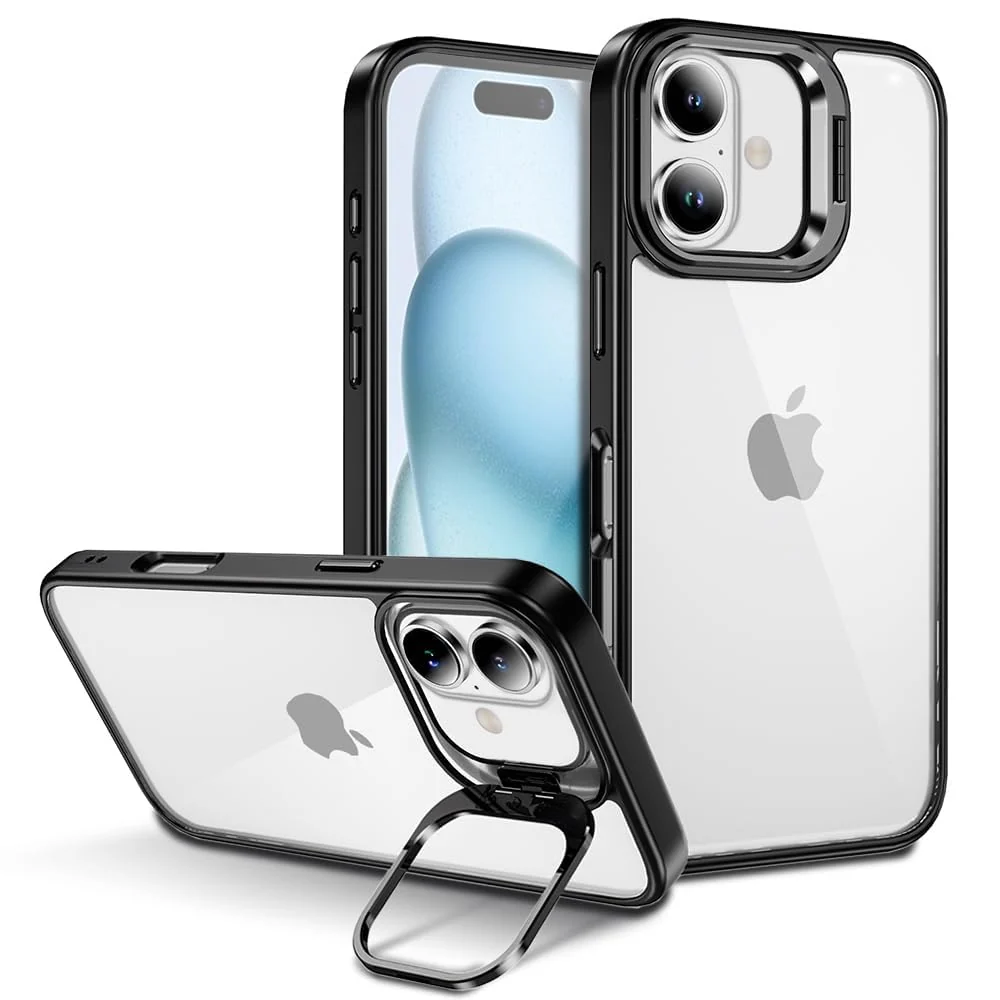 DL3 Mobilak Clear PC and TPU Case with Camera Ring Kickstand and Lens Protector for iPhone 16