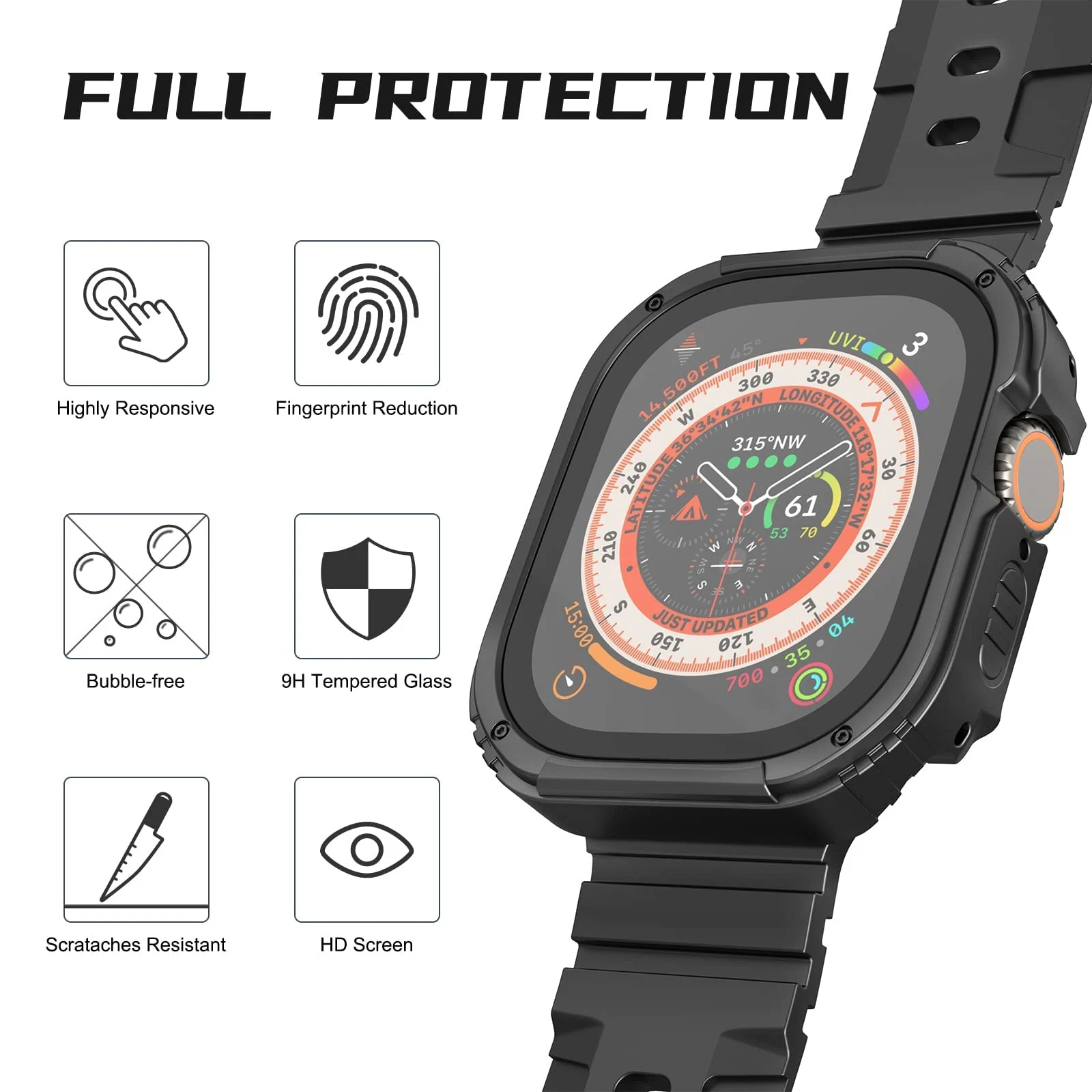 DL3 Mobilak Case Rugged For Apple Watch Ultra 2 / Ultra 49mm with Screen Protector, Durable Military Grade Quattro Pro Series Drop-Proof Protective Cover Full Coverage Shock-Proof Bumper - Black