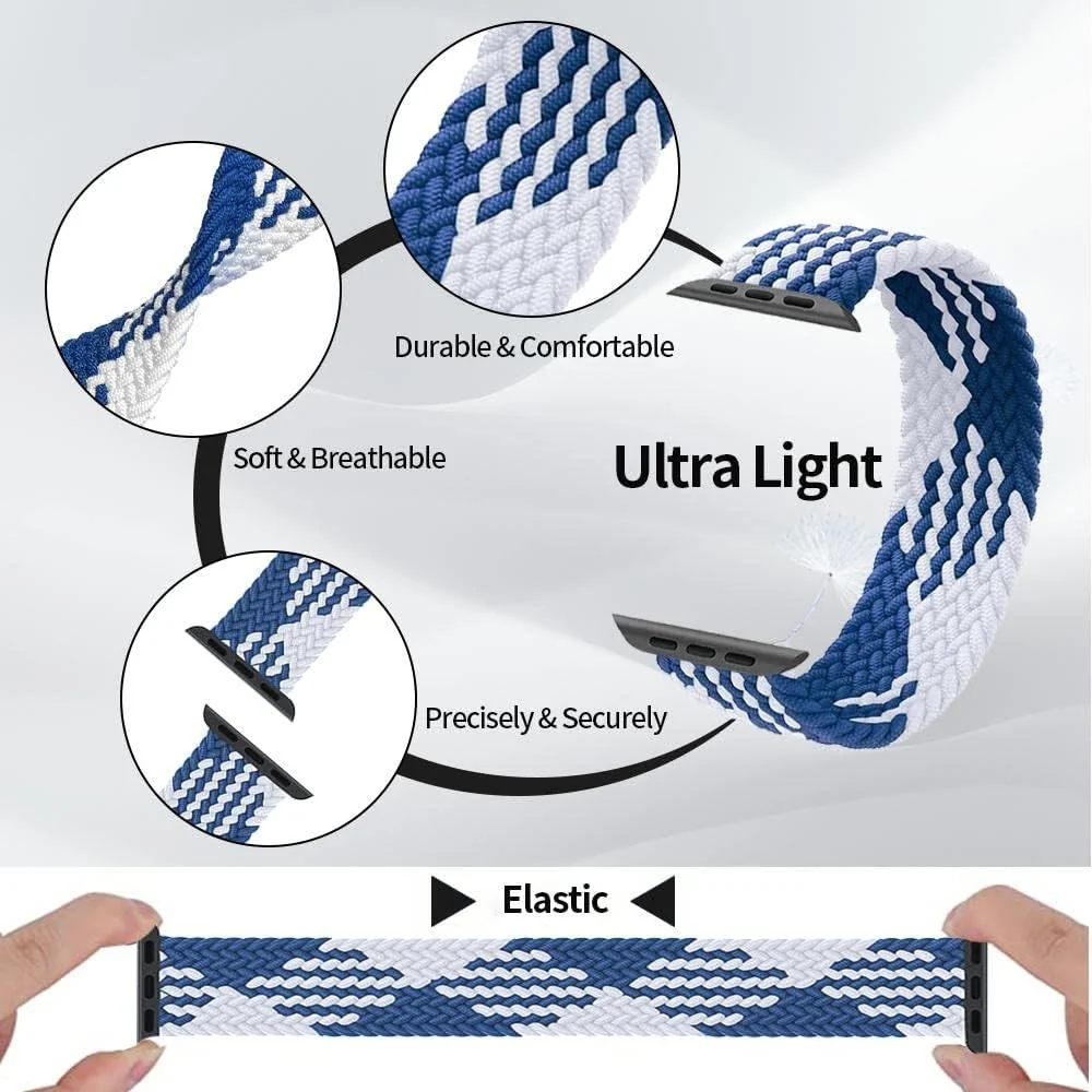 DL3 Mobilak Braided Solo Loop Band For Apple Watch Band 49mm 45mm 44mm 42mm, Replacement Wristband Nylon Strap for iWatch Series SE 9/8/7/6/5/4/3/2/1/Ultra/Ultra 2 (Small) - Blue White
