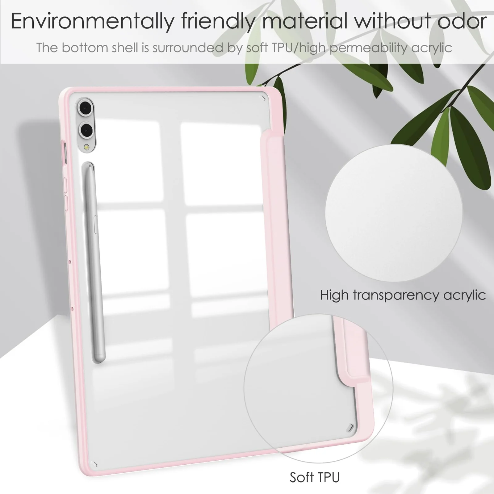 DL3 Mobilak Case for Samsung Galaxy Tab S10 Plus/Tab S9 Plus 12.4-Inch with S Pen Holder, Clear Transparent PC Back, Shockproof Tri-Fold Stand Tablet Cover, Auto Wake/Sleep - Pink
