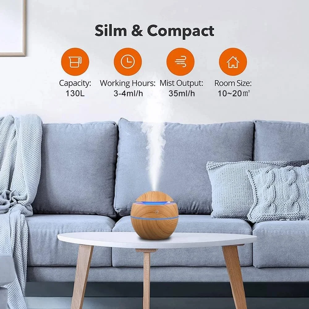 Mobigon Wood Cool Mist Ultrasonic Humidifier for Room Moisture, Aroma Diffuser for Home, 200ml Essential Oil Diffuser with 7 Colorful Night Light, Auto Shut-Off, Home, Office, car - A.Light Brown
