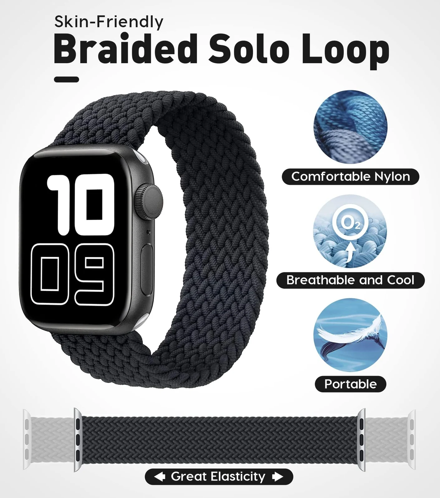 DL3 Mobilak Braided Solo Loop Band For Apple Watch Band 49mm 45mm 44mm 42mm, Replacement Wristband Nylon Strap for iWatch Series SE 9/8/7/6/5/4/3/2/1/Ultra/Ultra 2 (, Small) - Black