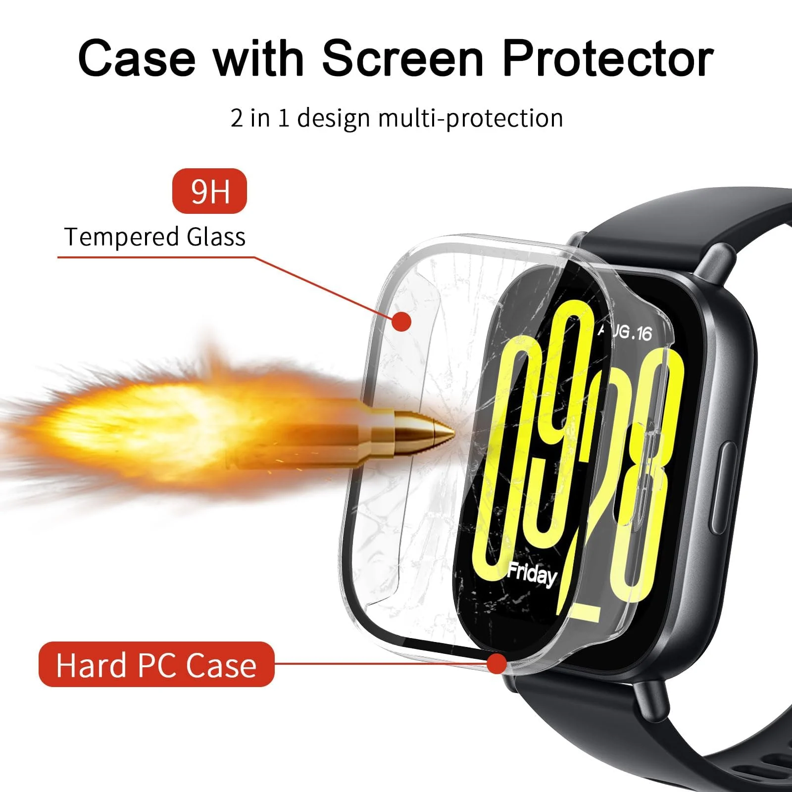 DL3 Mobilak Case with Screen Protector for Xiaomi Redmi Watch 5 Active, Bumper Full Coverage Hard PC Overall Protective Cover, Built-in Tempered Glass Film High Sensitivity - Clear