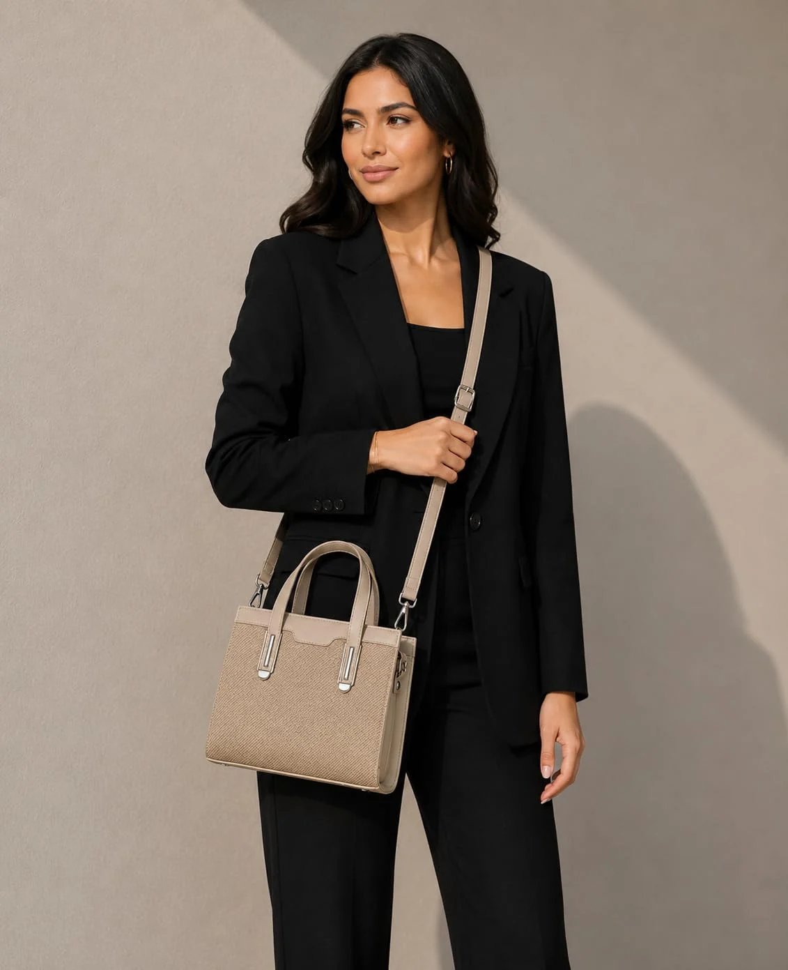 Mobigon Elegant Women’s Handbag with Shoulder Strap, Textured Leather Baguette Purse with Gold Clasp, Magnetic Snap & Zipper Compartments, Structured Top Handle Bag for Work & Daily Use - Beige 2