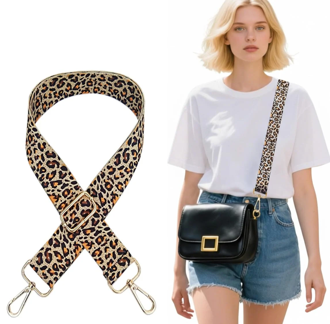 DL3 Mobilak Adjustable Wide Crossbody Bag Strap for Women, Replacement Shoulder Strap for Handbags, Totes & Purses with Elegant Embroidered Pattern and Metal Hooks - Leopard Gold