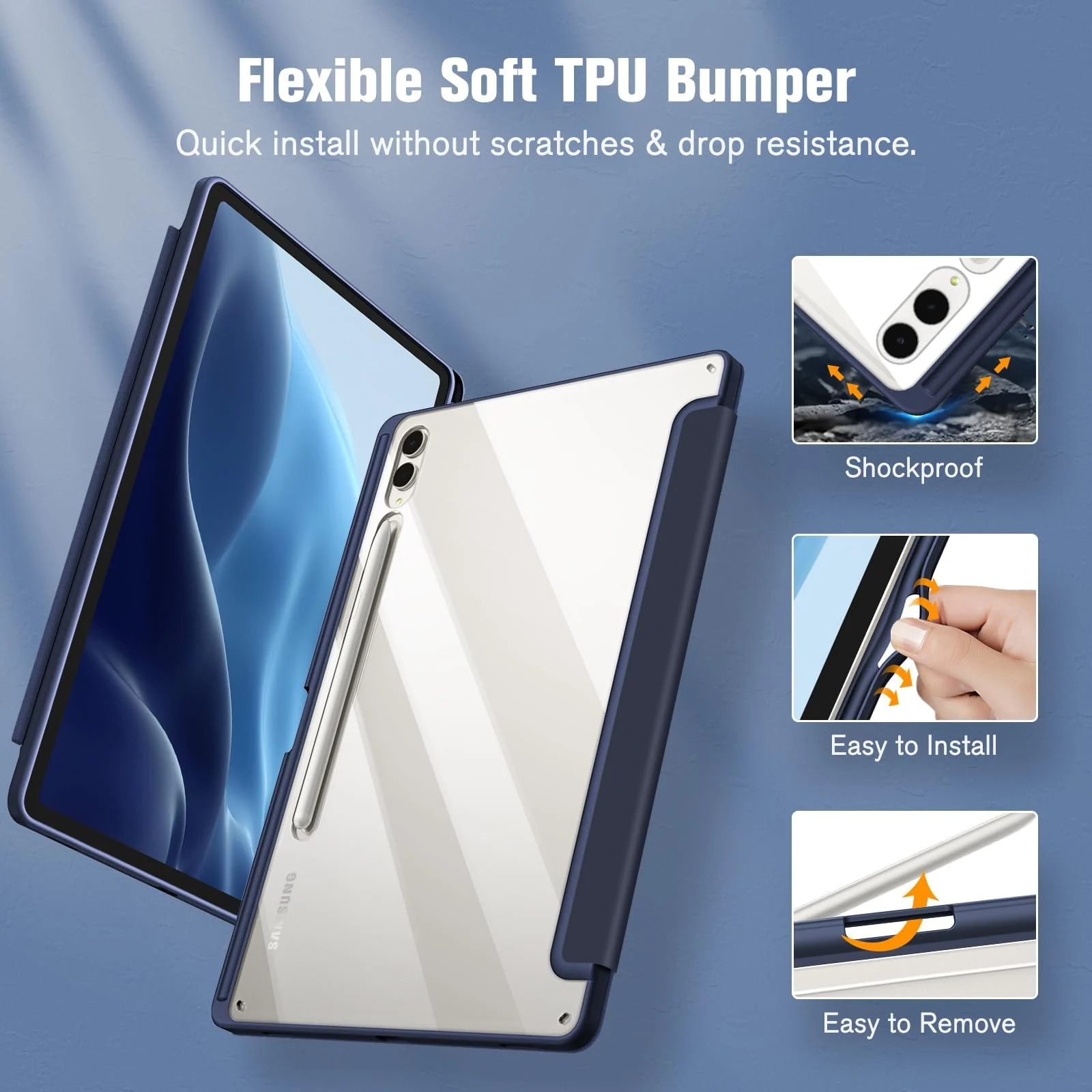 DL3 Mobilak Hybrid Slim Case for Samsung Galaxy Tab S8/Tab S7 11 Inch (Model SM-X700/X706/T870/T875/T878) with S Pen Holder, Cover with Clear Transparent Back Shell, Auto Wake/Sleep - Dark Blue