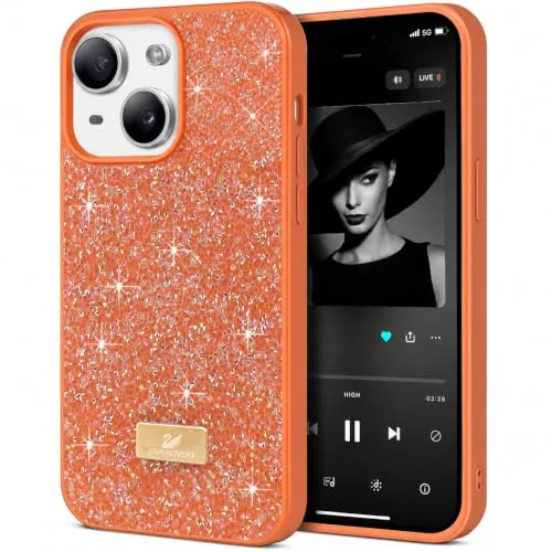 DL3 MOBILAK Case For iPhone 13/iPhone 14 Case Glitter, Sparkle Diamond Crystal Bling Case with Bling, Ultra Thin Lightweight Full Body Shockproof Anti-Scratch Protective Cover - Orange