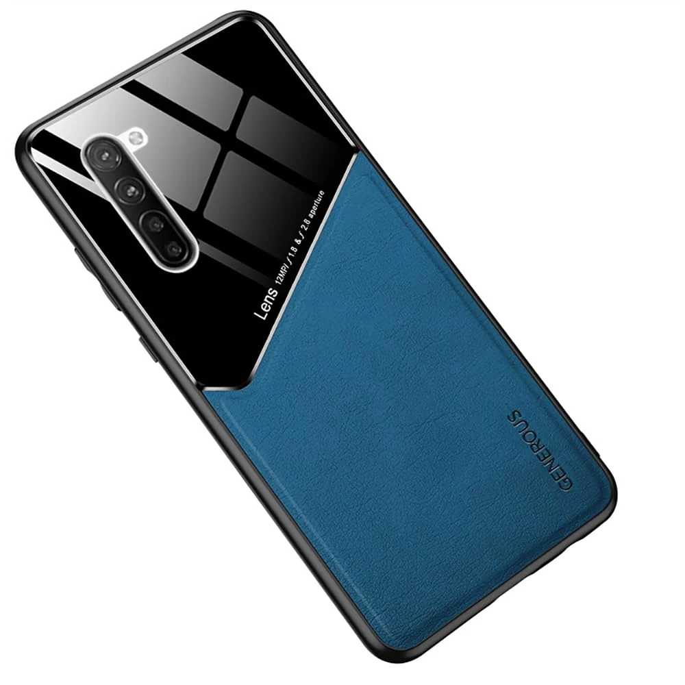 DL3 Mobilak Faux Leather and Plexiglass Protective Case with TPU Frame and Magnetic Car-Mount Support for OPPO Reno 3 - Blue
