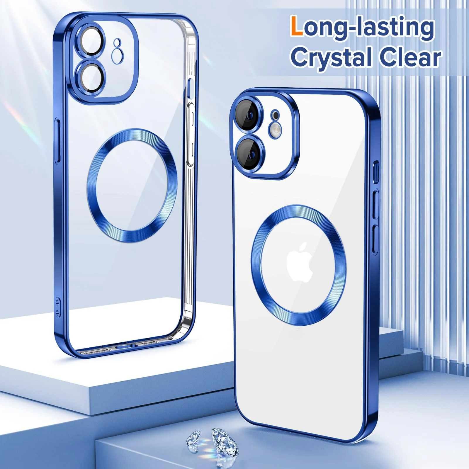 DL3 Mobilak Clear Case for iPhone 12 6.1-Inch with Built-in Camera Lens Protector, Slim Luxury Plating Edge Soft TPU Cover Protective, Transparent Case for Women Girls Men - Blue
