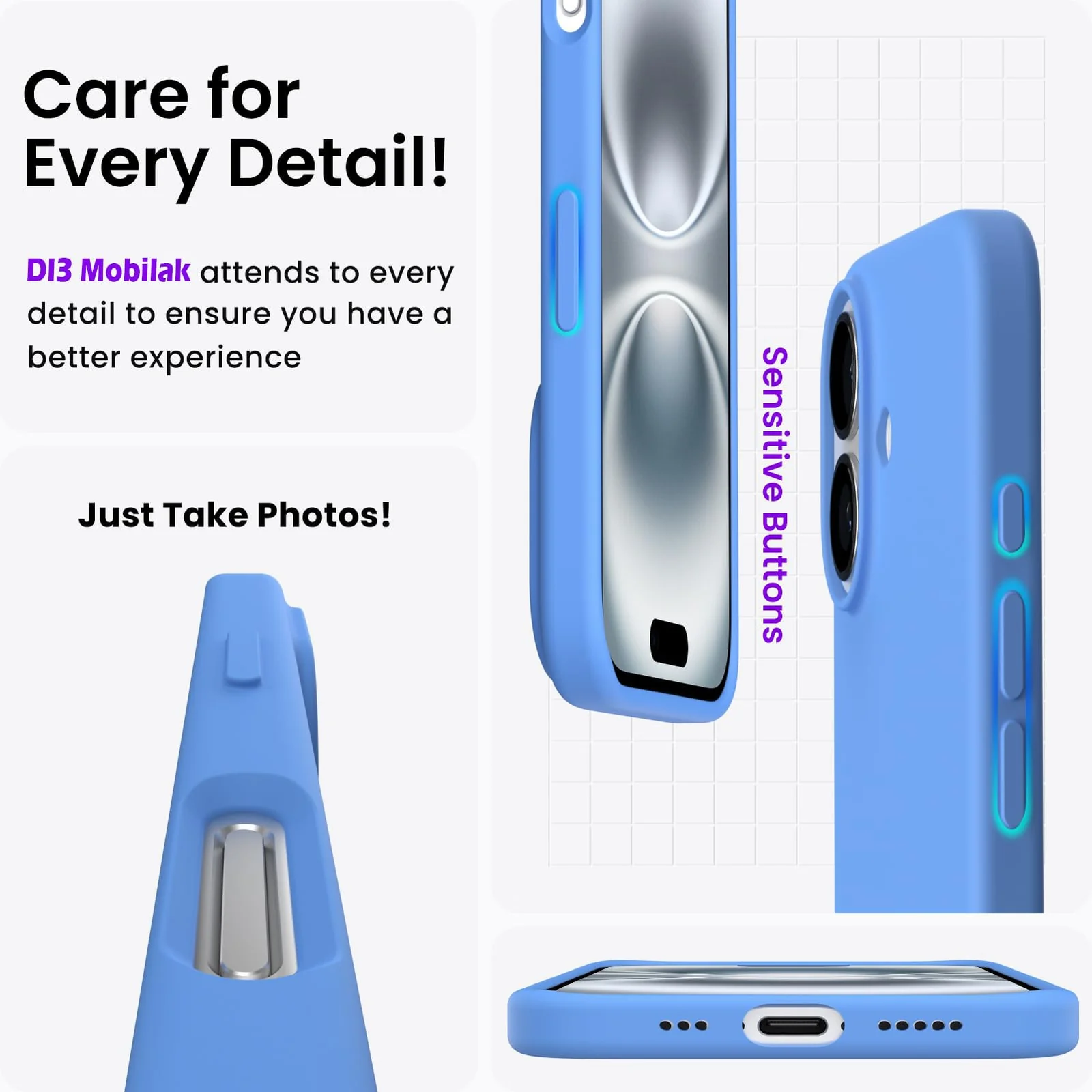 DL3 Mobilak Liquid Silicone Protective Case with Soft Microfiber Lining for iPhone 16 - Light Blue
