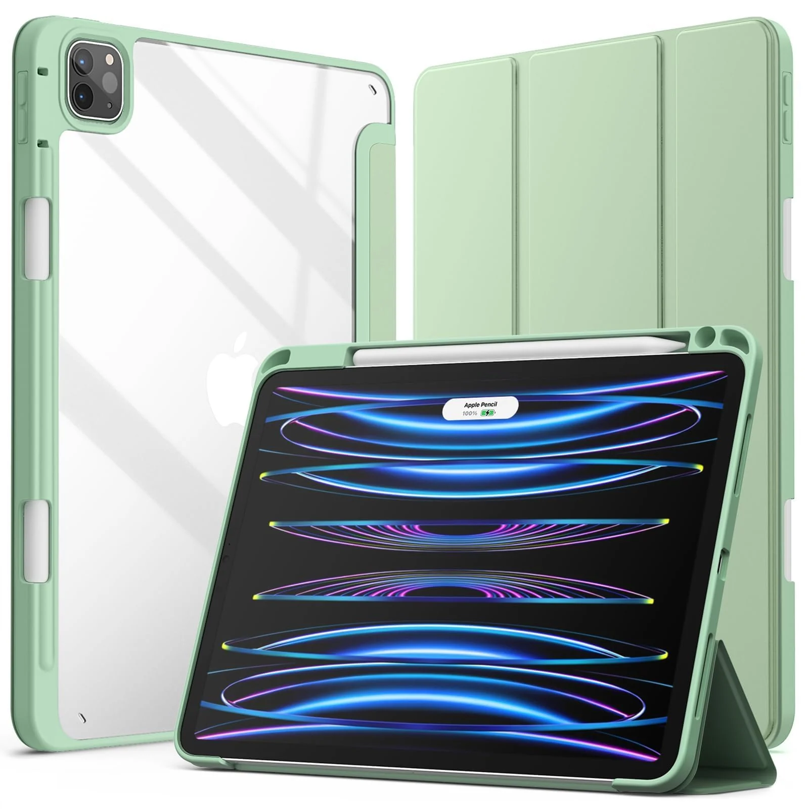 DL3 Mobilak for iPad Pro 12.9 Case 6th/5th/4th/3rd Generation 2022/2021/2020/2018, Clear Shockproof Back Cover Built-in Pencil Holder, Auto Sleep/Wake - Mint Green