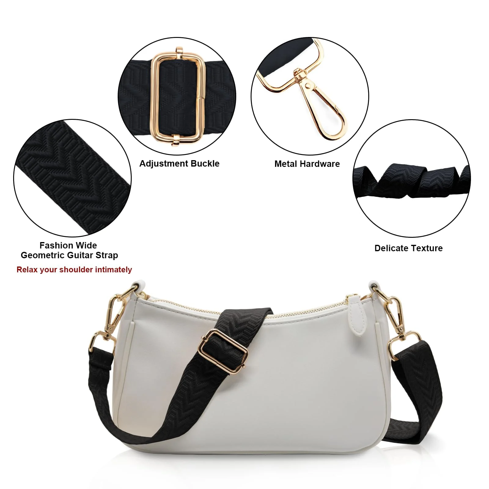 DL3 Mobilak Adjustable Wide Crossbody Bag Strap for Women, Replacement Shoulder Strap for Handbags, Totes & Purses with Elegant Embroidered Pattern and Metal Hooks - Black Arrow