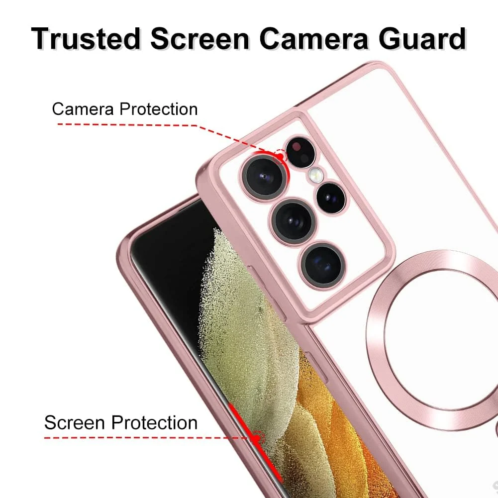 DL3 Mobilak Clear MagSafe-Compatible Magnetic Case for Samsung Galaxy S21 Ultra with Camera Protection and Shockproof Design - Pink