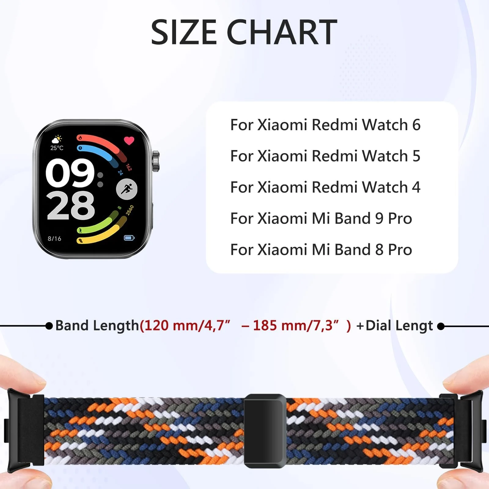 DL3 Mobilak Braided Bracelet Compatible with Redmi Watch 4/5 / 6 / Xiaomi Smart Band 8 Pro/Band 9 Pro, Nylon Magnetic Fabric Elastic Sport Nylon Replacement Strap for Men Women - Denim Colorful