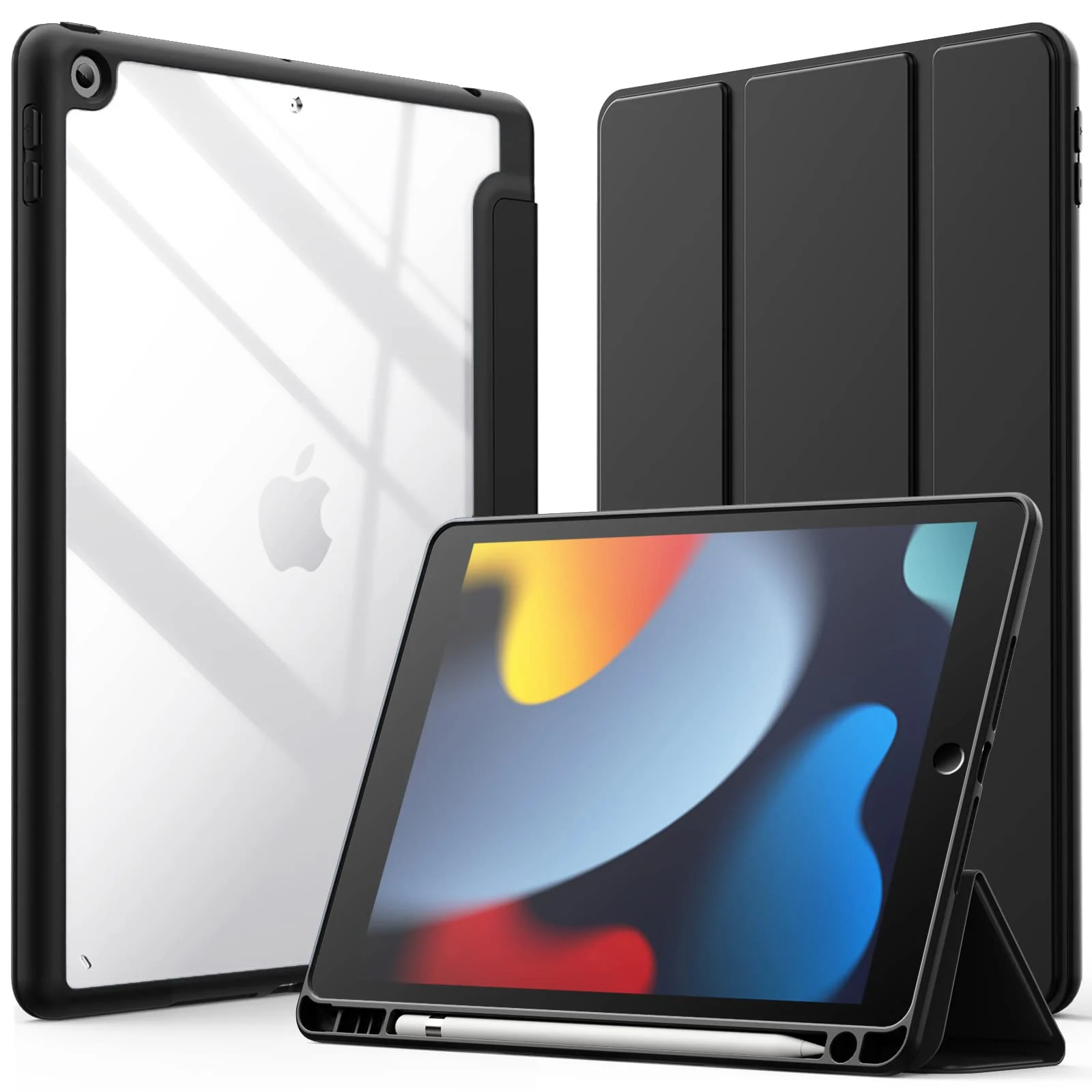 DL3 Mobilak Case for iPad 10.2-Inch (9th/8th/7th Generation, 2021/2020/2019), Clear Shockproof Back Cover Built-in Pencil Holder, Auto Sleep/Wake