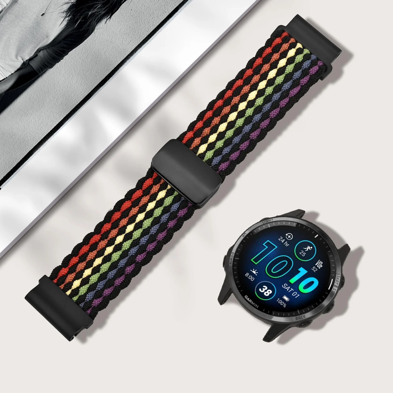 DL3 Mobilak 22mm Magnetic Band for Redmi Watch 5 Active/5 Lite/Samsung Galaxy Watch 3 45mm/Watch 46mm/Gear S3/Huawei watch GT6 GT5 46MM/GT2E/GT6 Pro/GT 5 Pro/Amazfit GTR 4/3, Stretchy Braided Nylon Sport Strap - Colorful Black