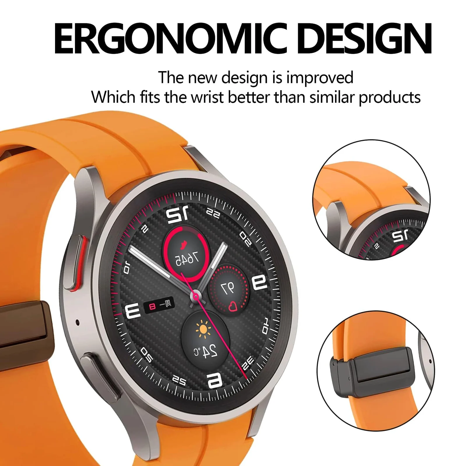 DL3 Mobilak Strap Compatible with Samsung Galaxy Watch 7 FE 6 5 4 Strap 40mm 44mm/Watch 6 Classic 43mm 47mm/5 Pro 45mm/4 Classic 42mm 46mm, No Gap Magnetic Clasp Silicone Band - Orange