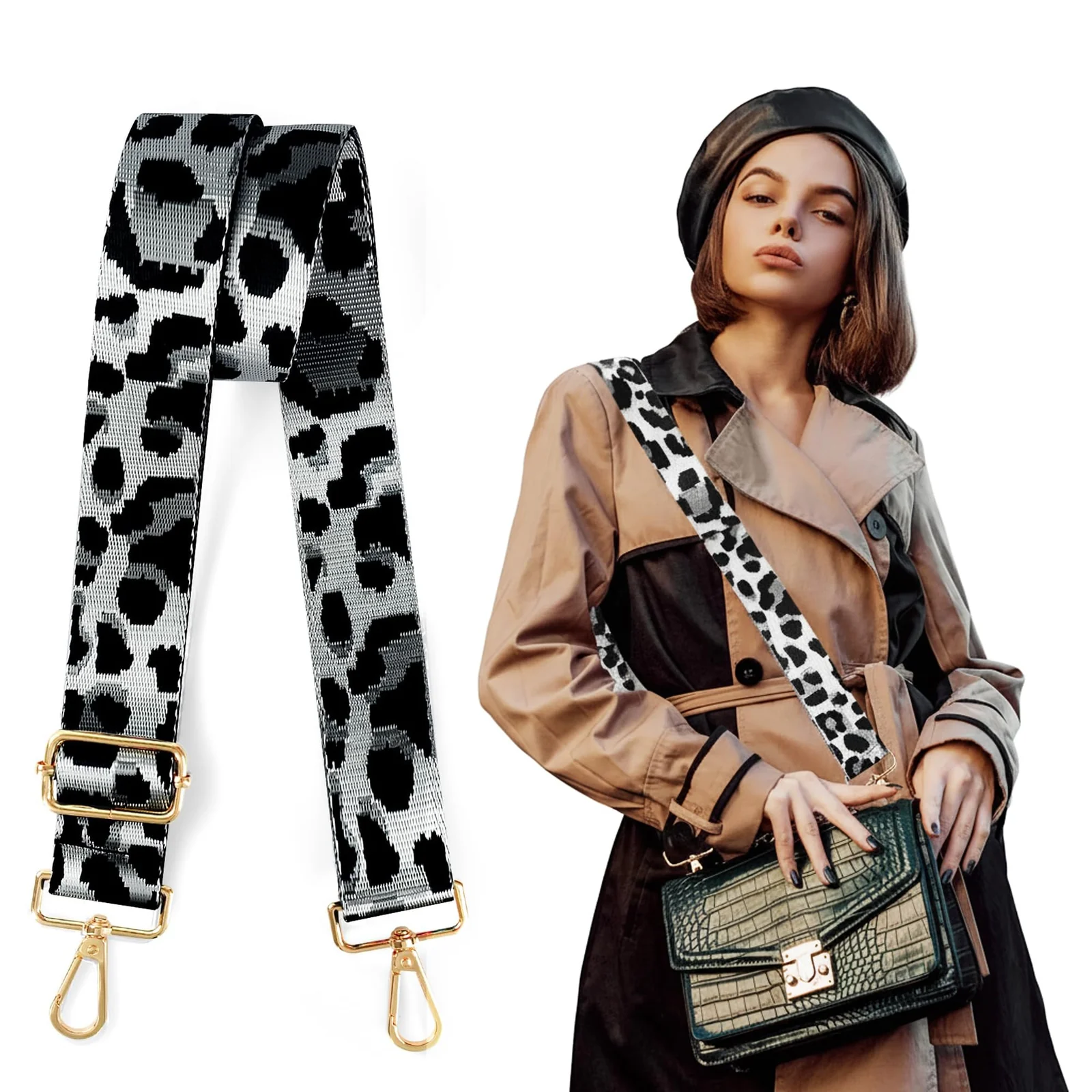DL3 Mobilak Adjustable Wide Crossbody Bag Strap for Women, Replacement Shoulder Strap for Handbags, Totes & Purses with Elegant Embroidered Pattern and Metal Hooks - Leopard Silver