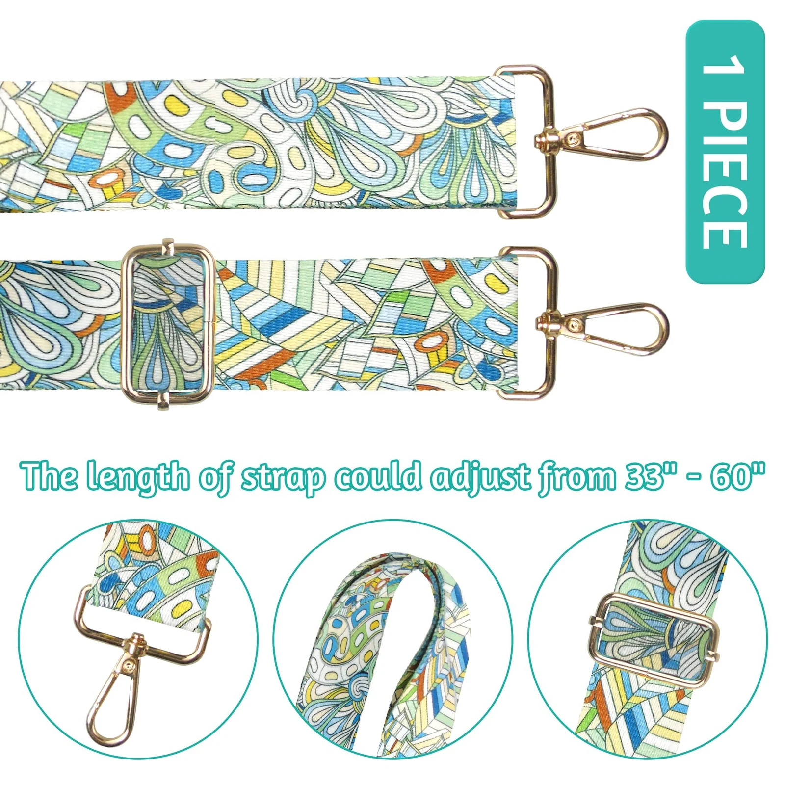 DL3 Mobilak Adjustable Wide Crossbody Bag Strap for Women, Replacement Shoulder Strap for Handbags, Totes & Purses with Elegant Embroidered Pattern and Metal Hooks - Blue Beige