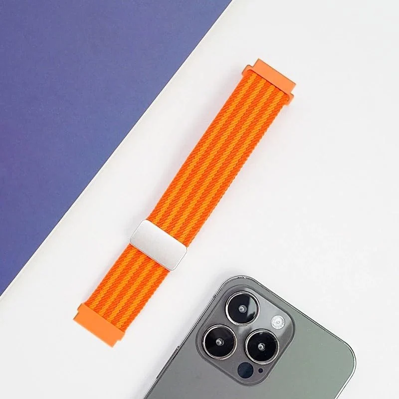 DL3 Mobilak 18mm Nylon Braided band compatible with Huawei Watch GT6 41mm/GT5 Pro 42mm/GT5 41mm/GT4 41mm/Huawei Watch 5 42mm, Magnetic Buckle Stretchy Nylon Strap for Garmin Venu 2S/3S/Vivomove 3S/Vivoactive 4S - Orange Striped