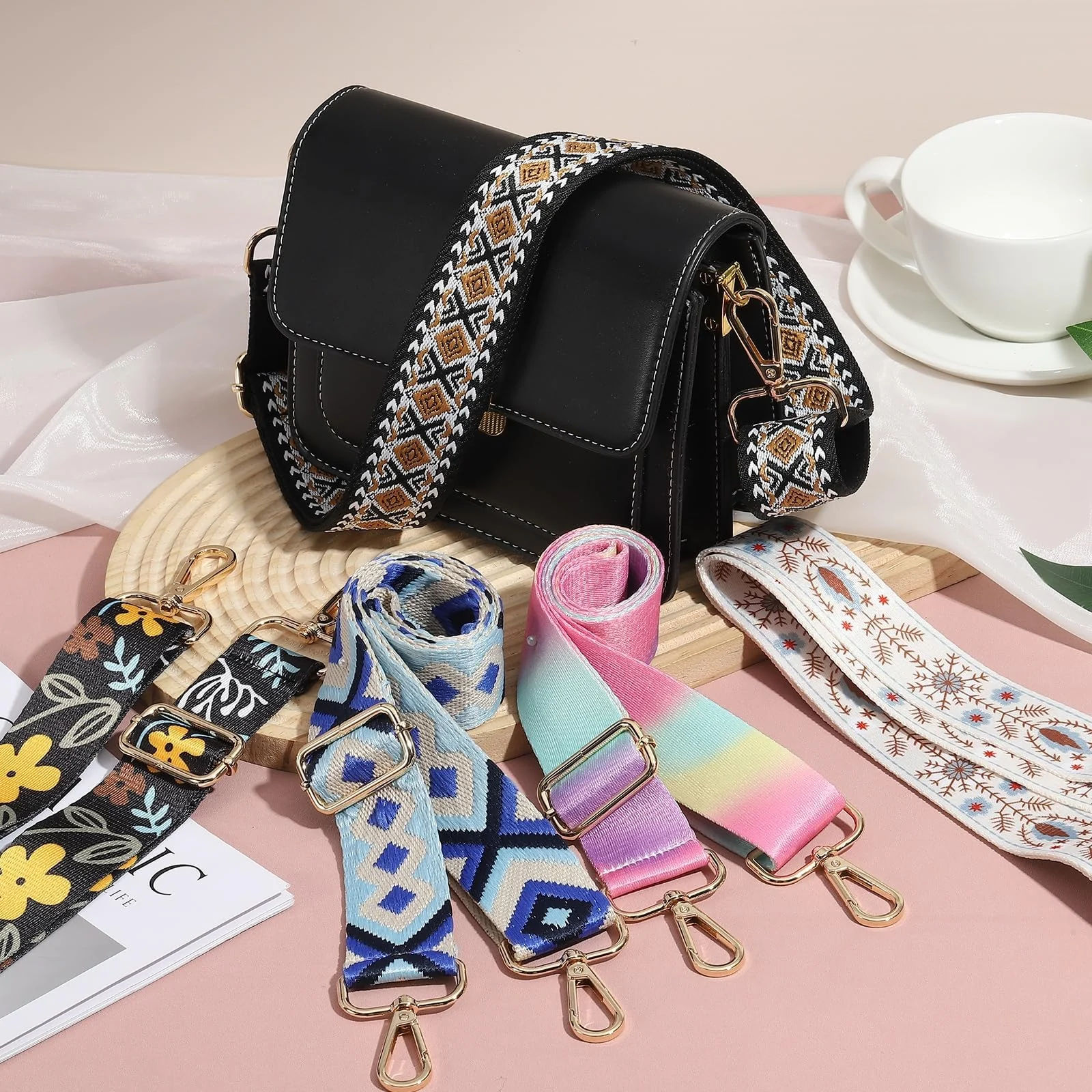 DL3 Mobilak Adjustable Wide Crossbody Bag Strap for Women, Replacement Shoulder Strap for Handbags, Totes & Purses with Elegant Embroidered Pattern and Metal Hooks - Black Heart