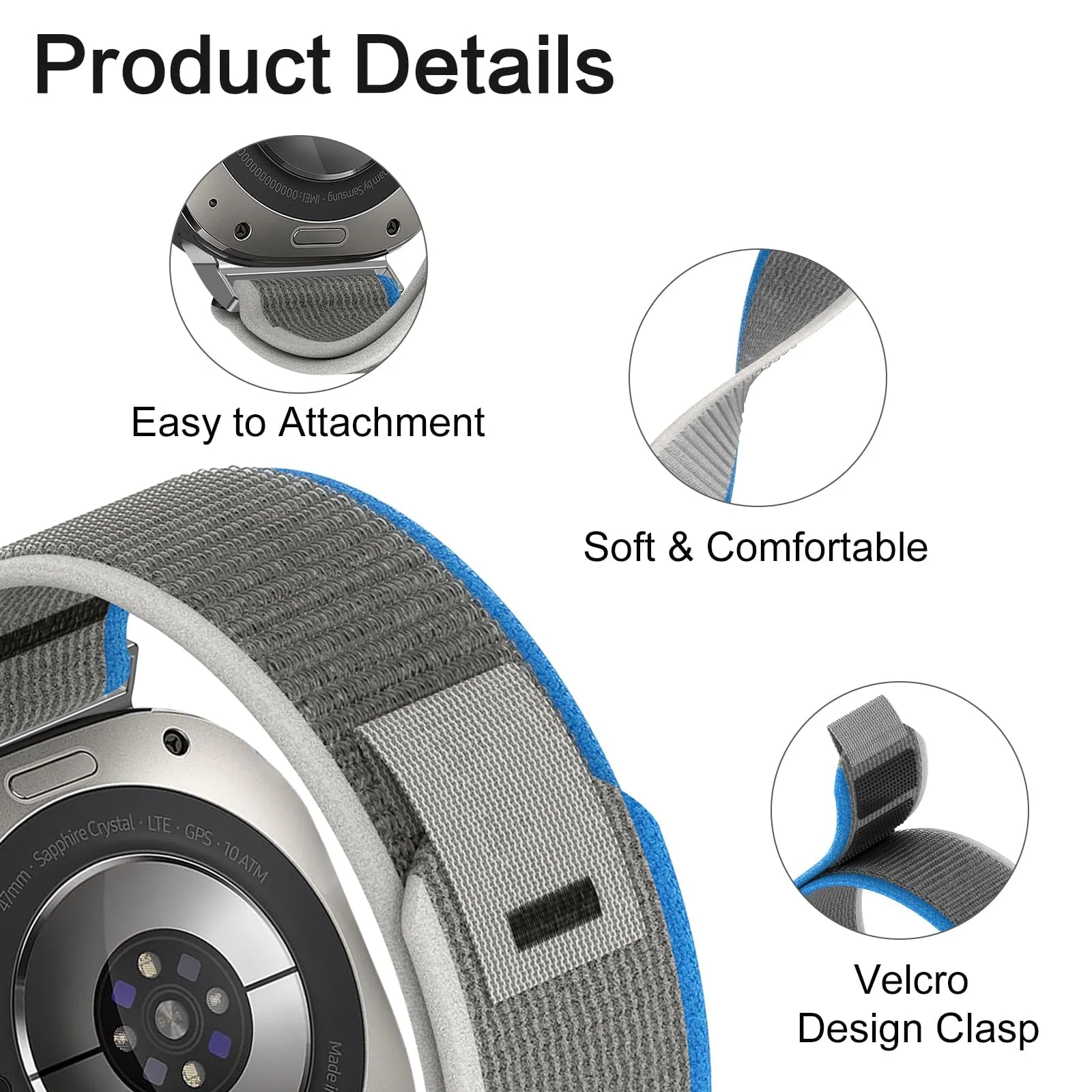 DL3 Mobilak For Samsung Galaxy Watch ultra Strap 47mm, One Click Trail Loop Strap for Men Women, Soft Nylon Sport Loop Elastic Replacement Wristband for Galaxy Watch 7 Ultra - Blue Gray