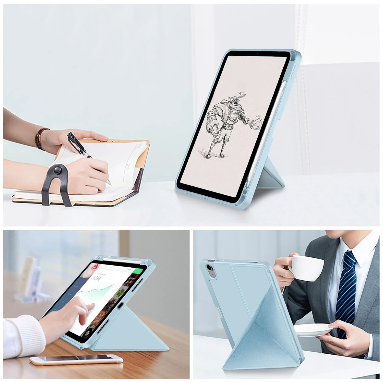 DL3 Mobilak Compatible with iPad 10.2-Inch (9th/8th/7th Generation, 2021/2020/2019) Case, Smart Stand, Pencil Holder, Shockproof Slim Lightweight Leather Cover, Modern Abstract Design - Sky Blue